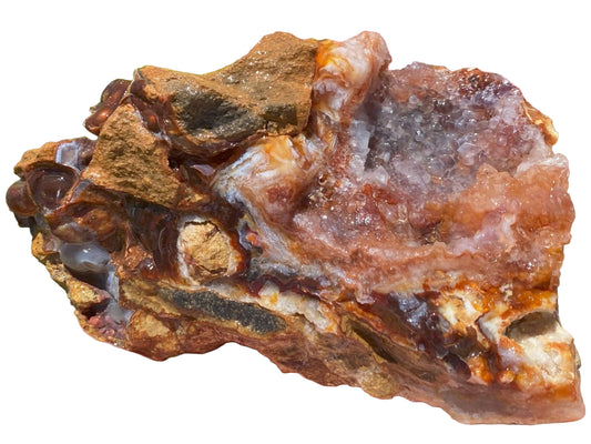 Slaughter Mountain fire agate rough mineral specimen with multiple colors on a white background