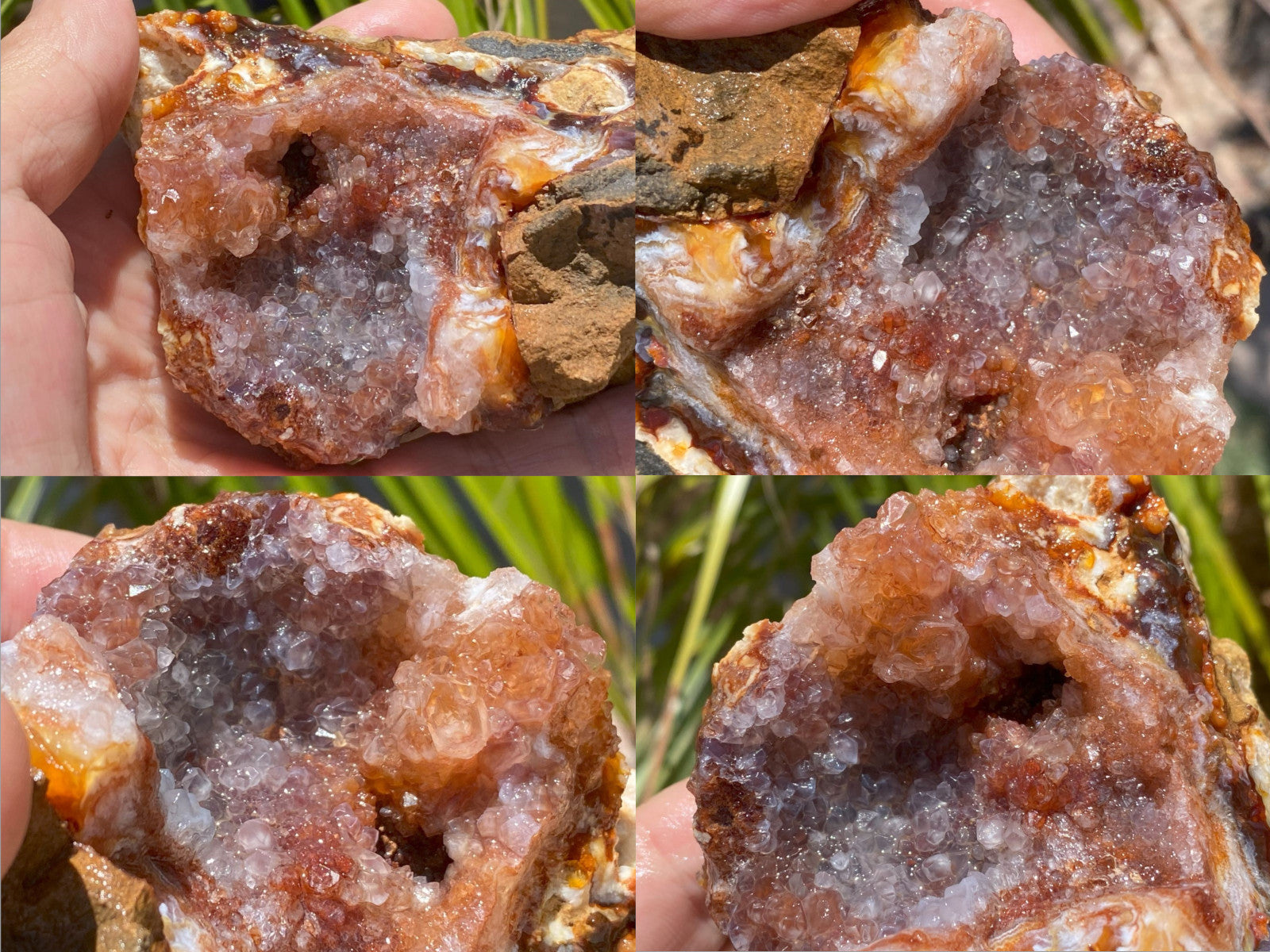 Collage of a hand holding a crystalized Slaughter Mountain fire agate rough mineral specimen with a natural background