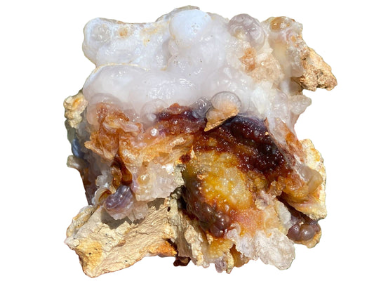 Slaughter Mountain fire agate rough mineral specimen with various colors on a white background