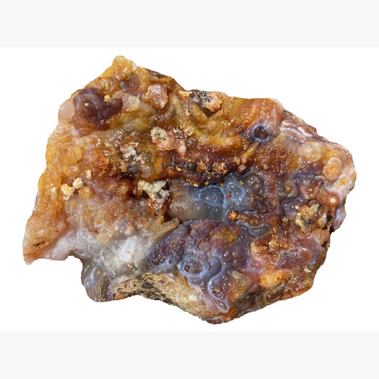 A colorful Slaughter Mountain Fire Agate Rough Mineral Specimen on a white background