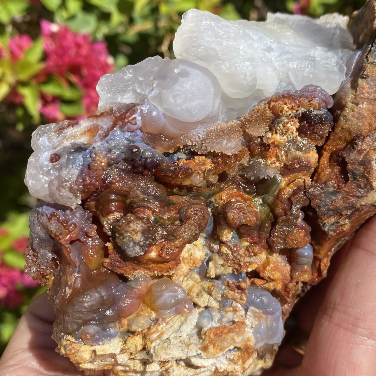 Close-up of a hand holding a crystal Slaughter Mountain Arizona Fire Agate Rough Mineral Specimen with a blurred natural background