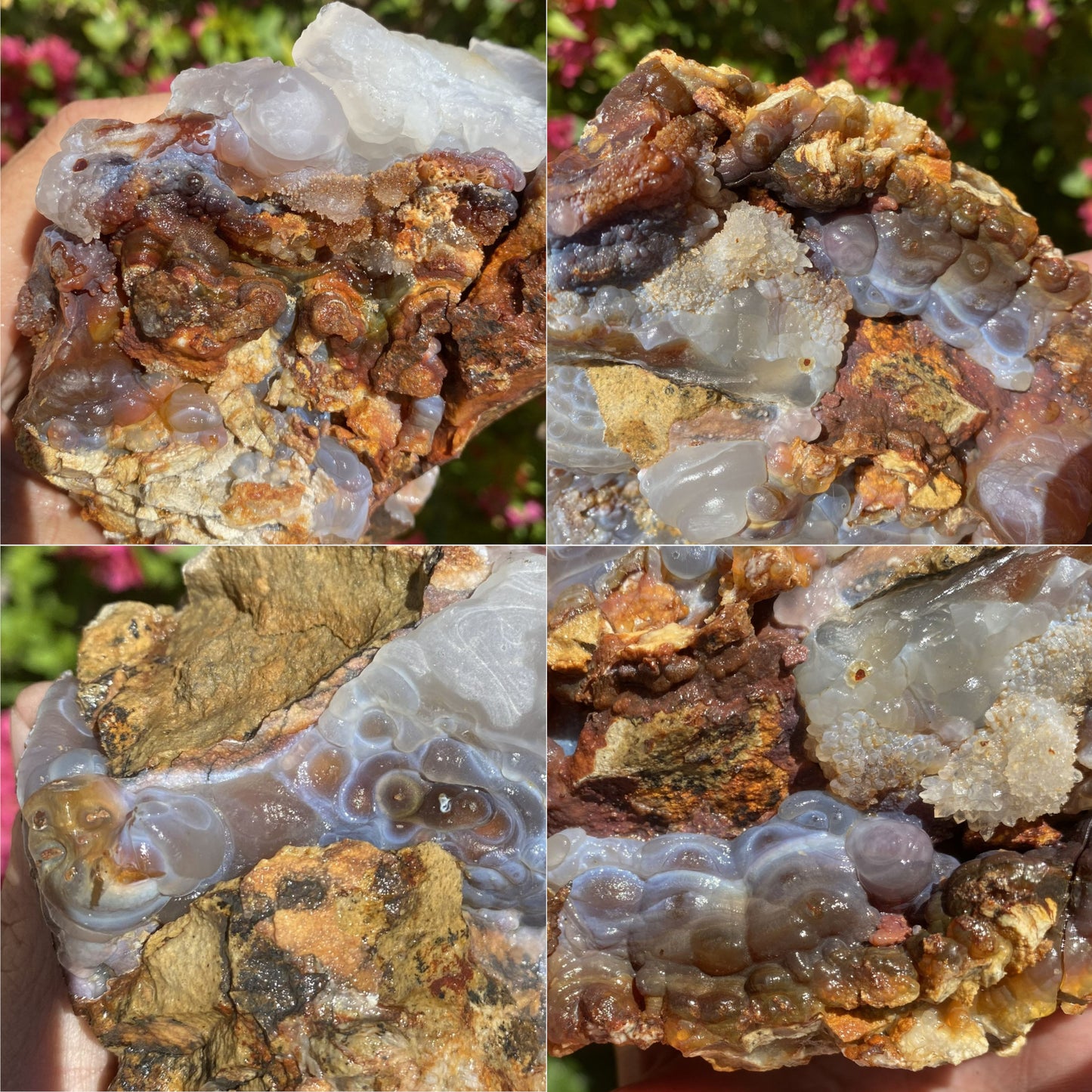 Collage of close-up images of a Slaughter Mountain Arizona Fire Agate Rough Mineral Specimen crystal formation held by a hand with a blurred floral background.