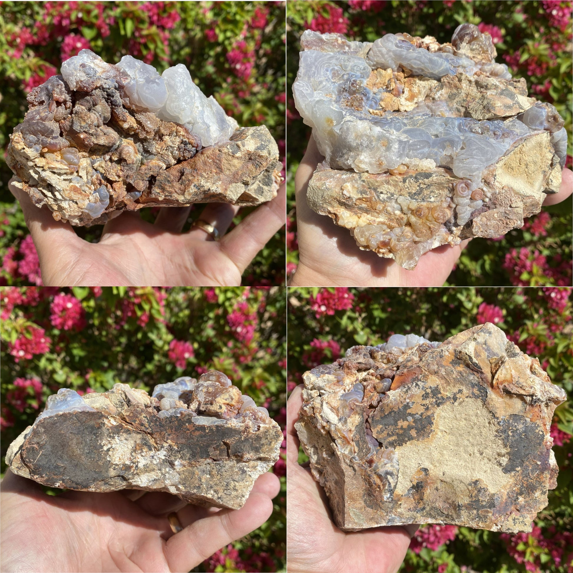 Collage of four images showing a hand holding a large Slaughter Mountain Arizona Fire Agate Rough Mineral Specimen with minerals against a floral background.