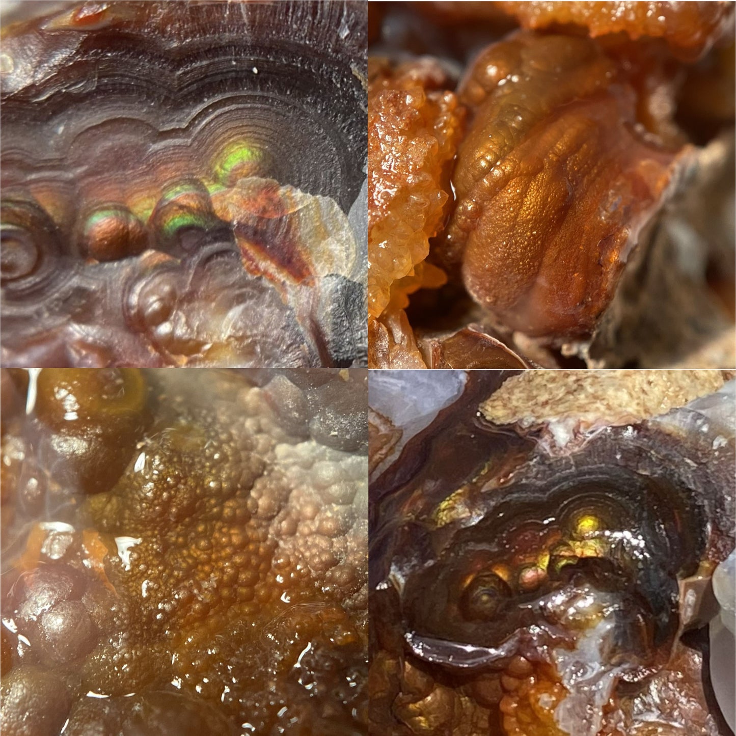 Collage of close-up images of Slaughter Mountain High Grade Fire Agate Rough Mineral Specimen with different textures and colors.