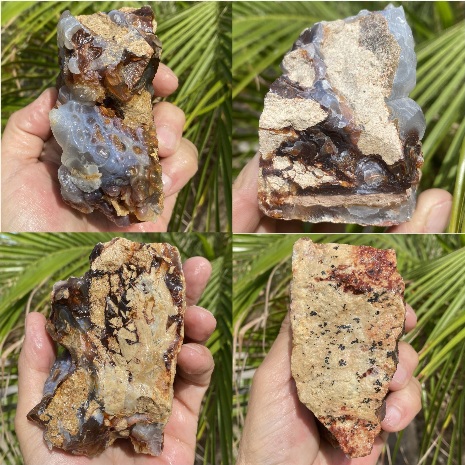 Collage of four images showing a hand holding different rock samples against a natural background.