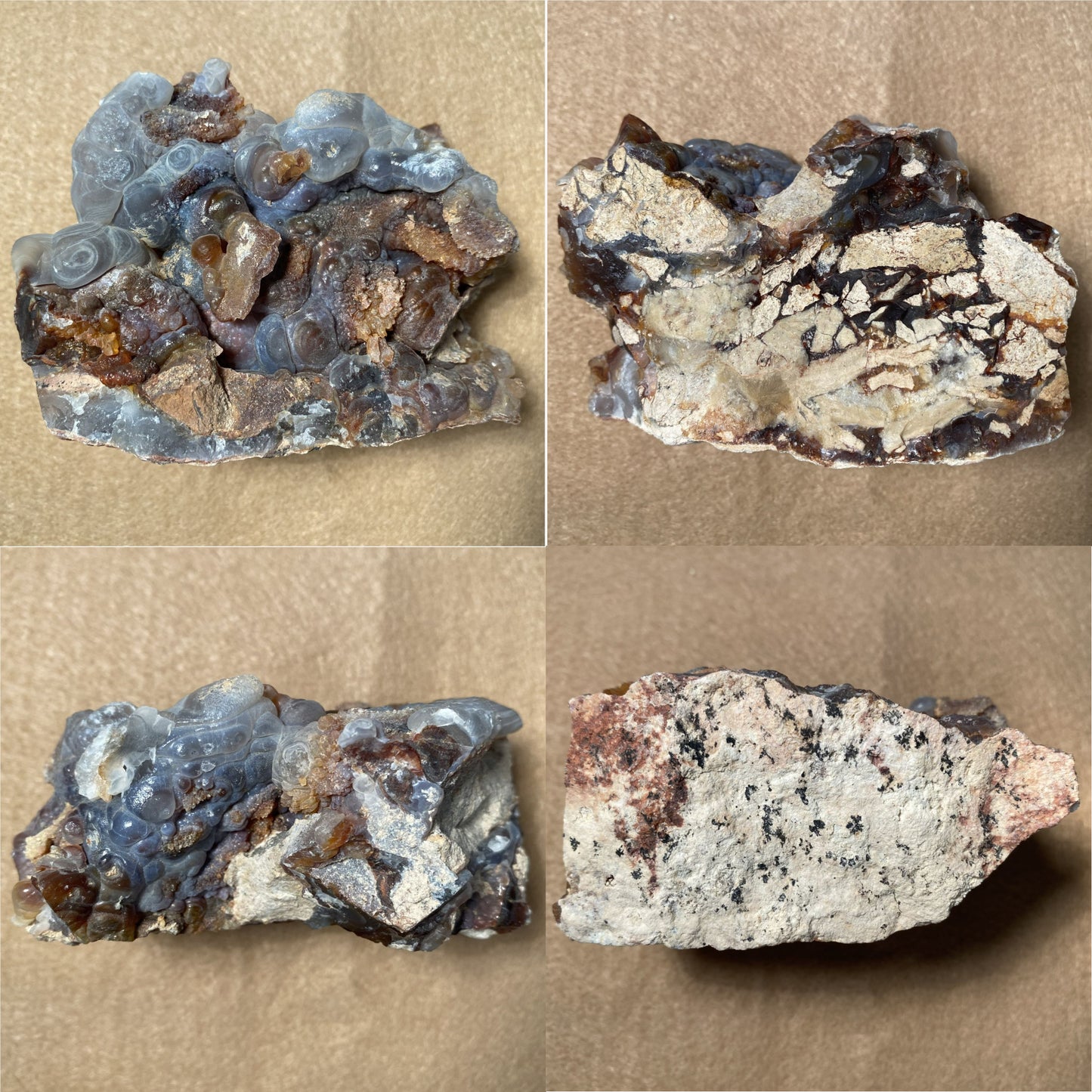 Four different rock samples on a brown background