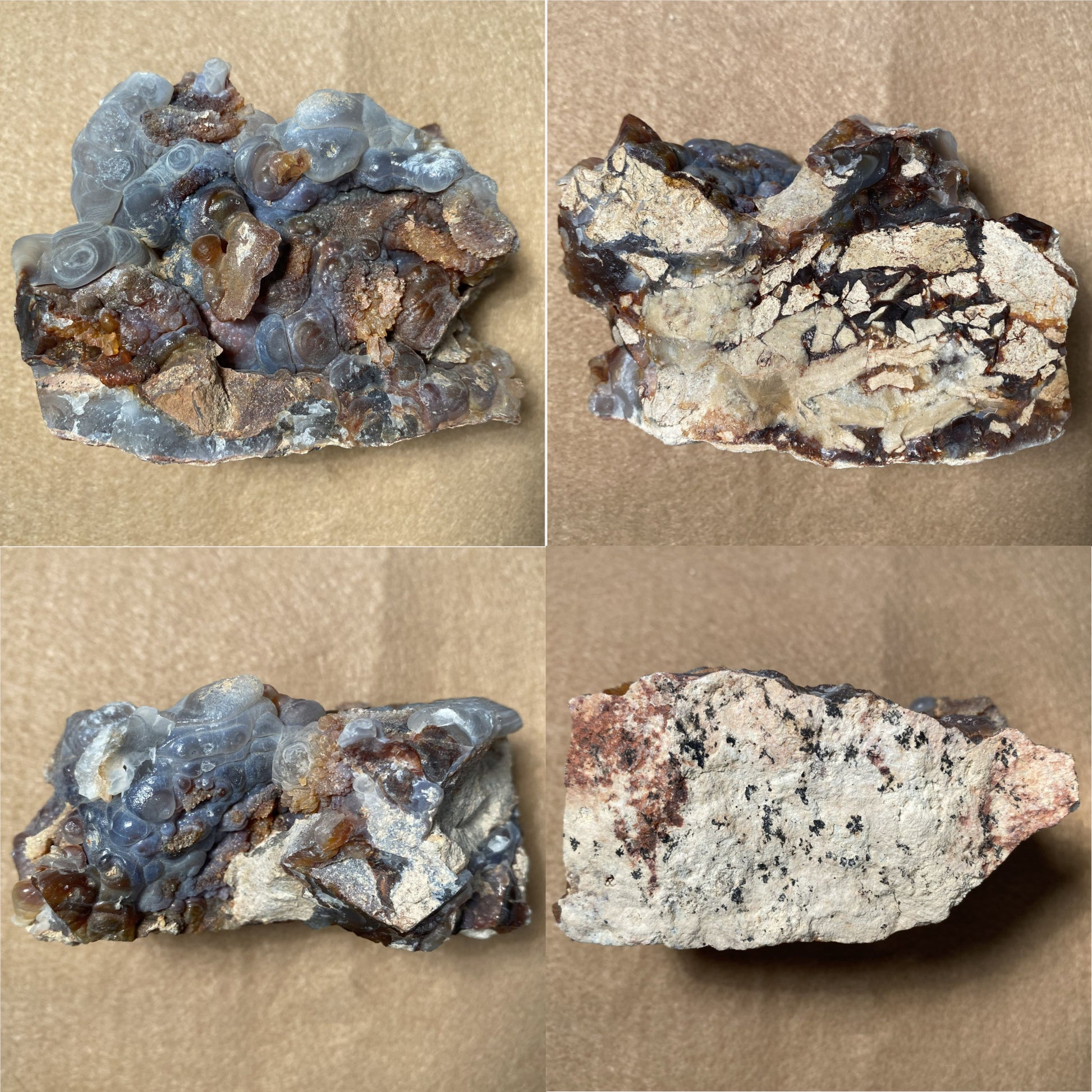 Four different rock samples on a brown background