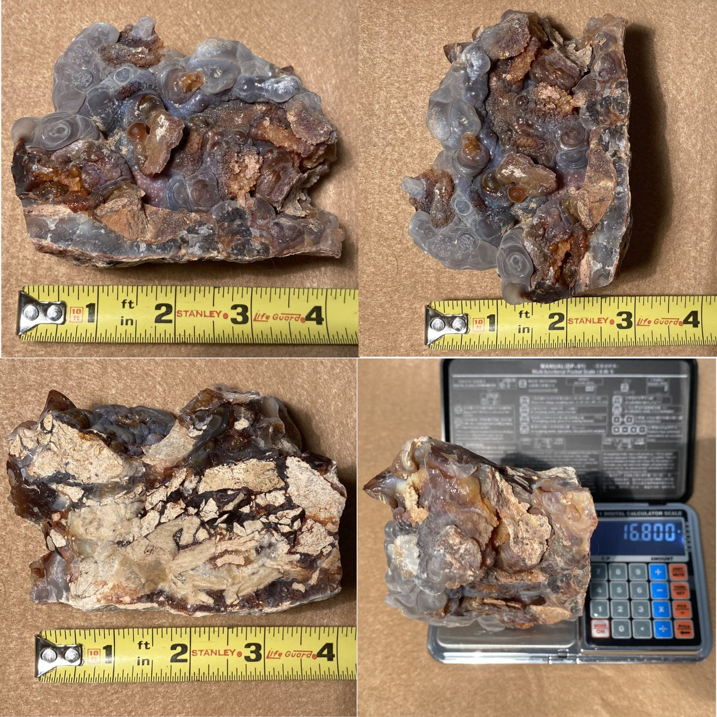Mineral sample with measuring tape and scale for size comparison on a brown background