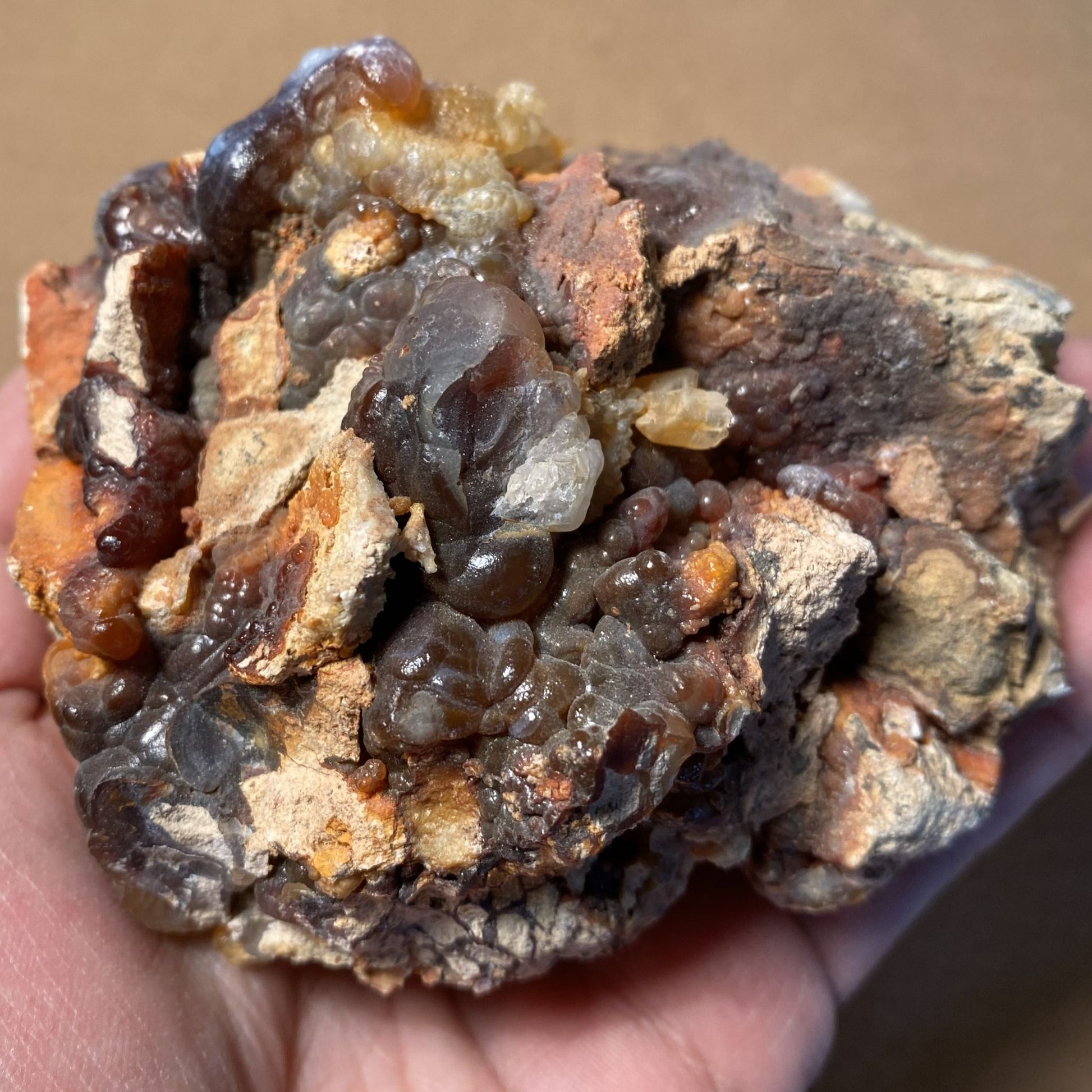 Close-up of a hand holding a rough, multicolored fire agate gemstone mineral specimen with brown, orange, and gray hues.