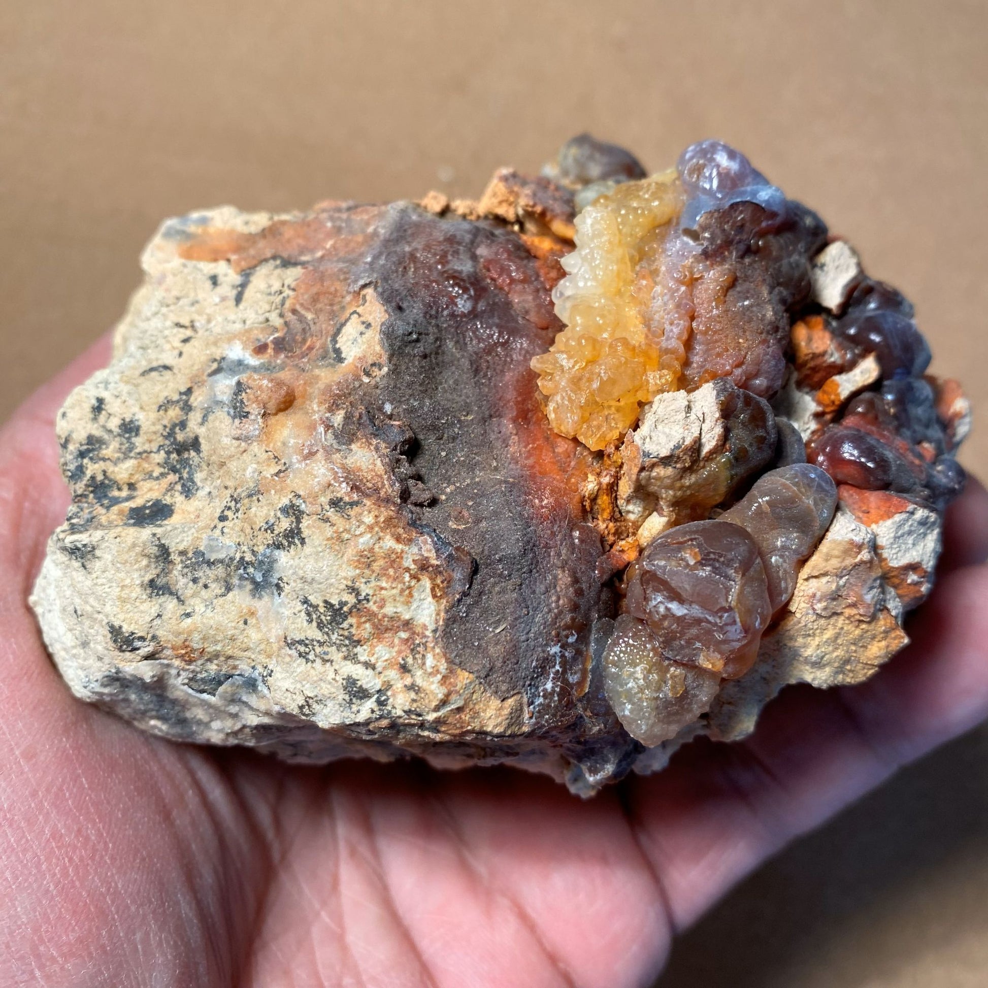 High grade fire agate rough mineral specimen sample held in a hand against a brown background