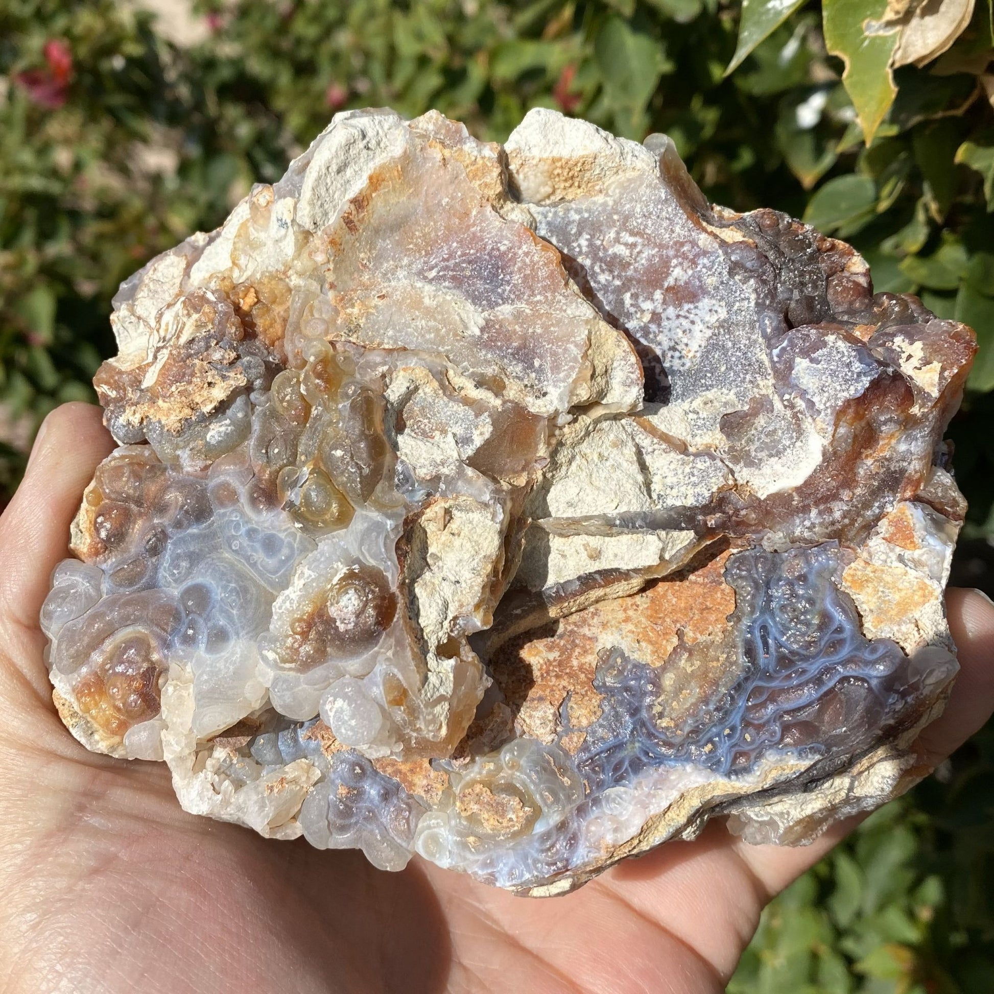 Hand holding a large crystal rock with a natural green background