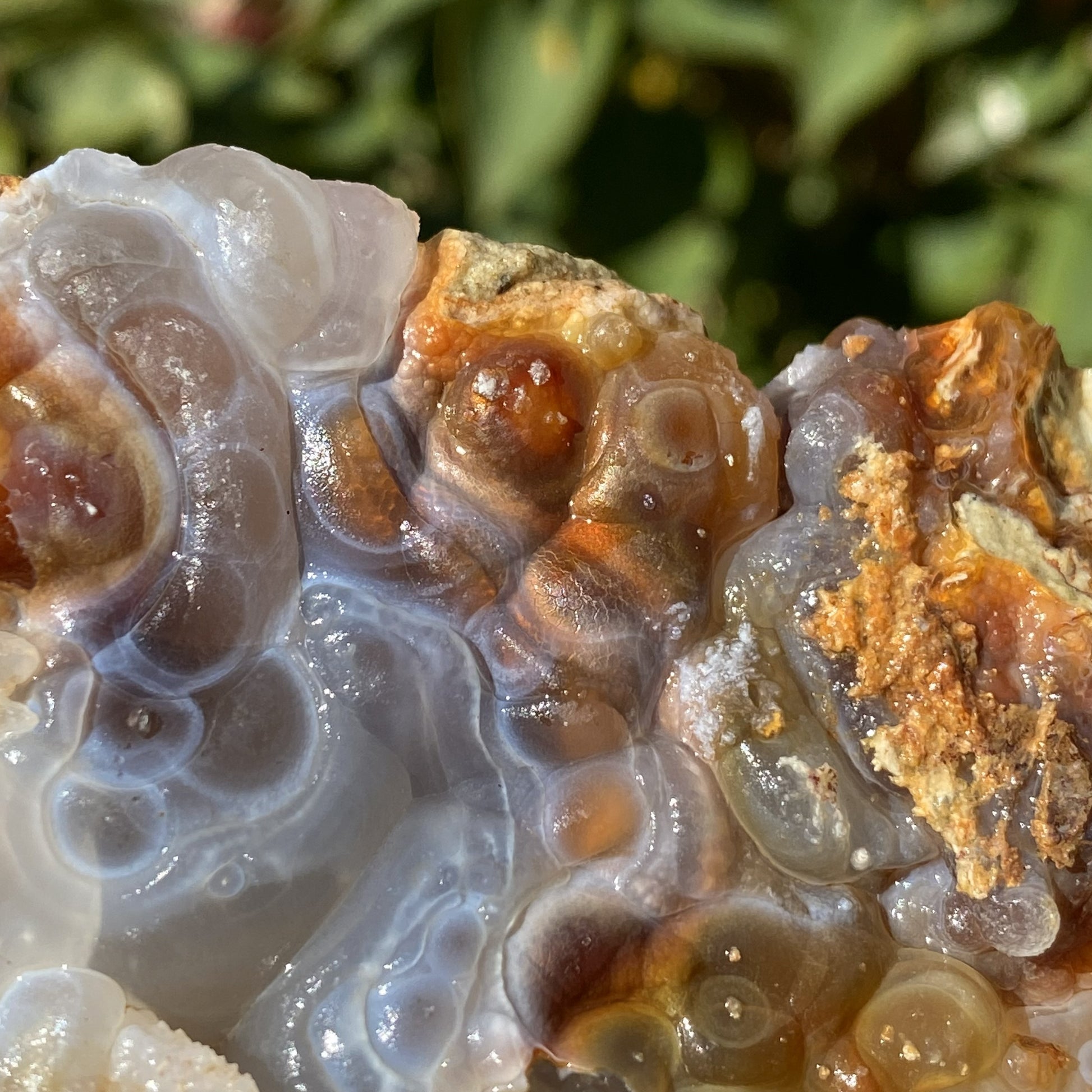 Close-up of a textured, multicolored fire agate rough gemstone with a natural, blurred green background