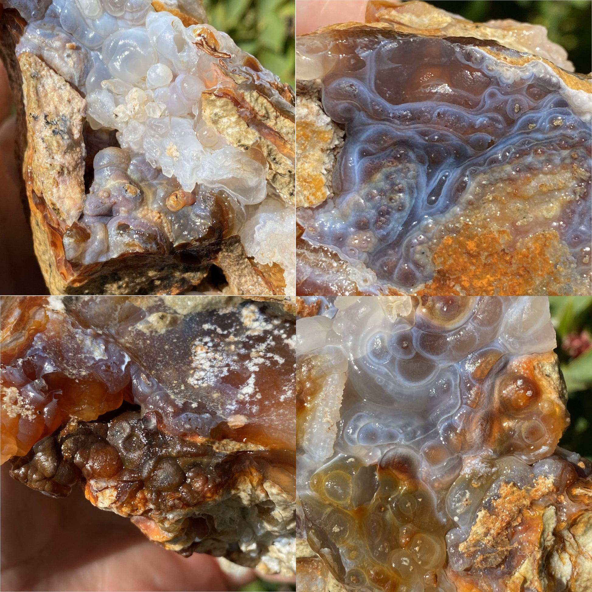 Collage of close-up images of a Slaughter Mountain Fire Agate Rough Mineral Specimen with mineralized deposits