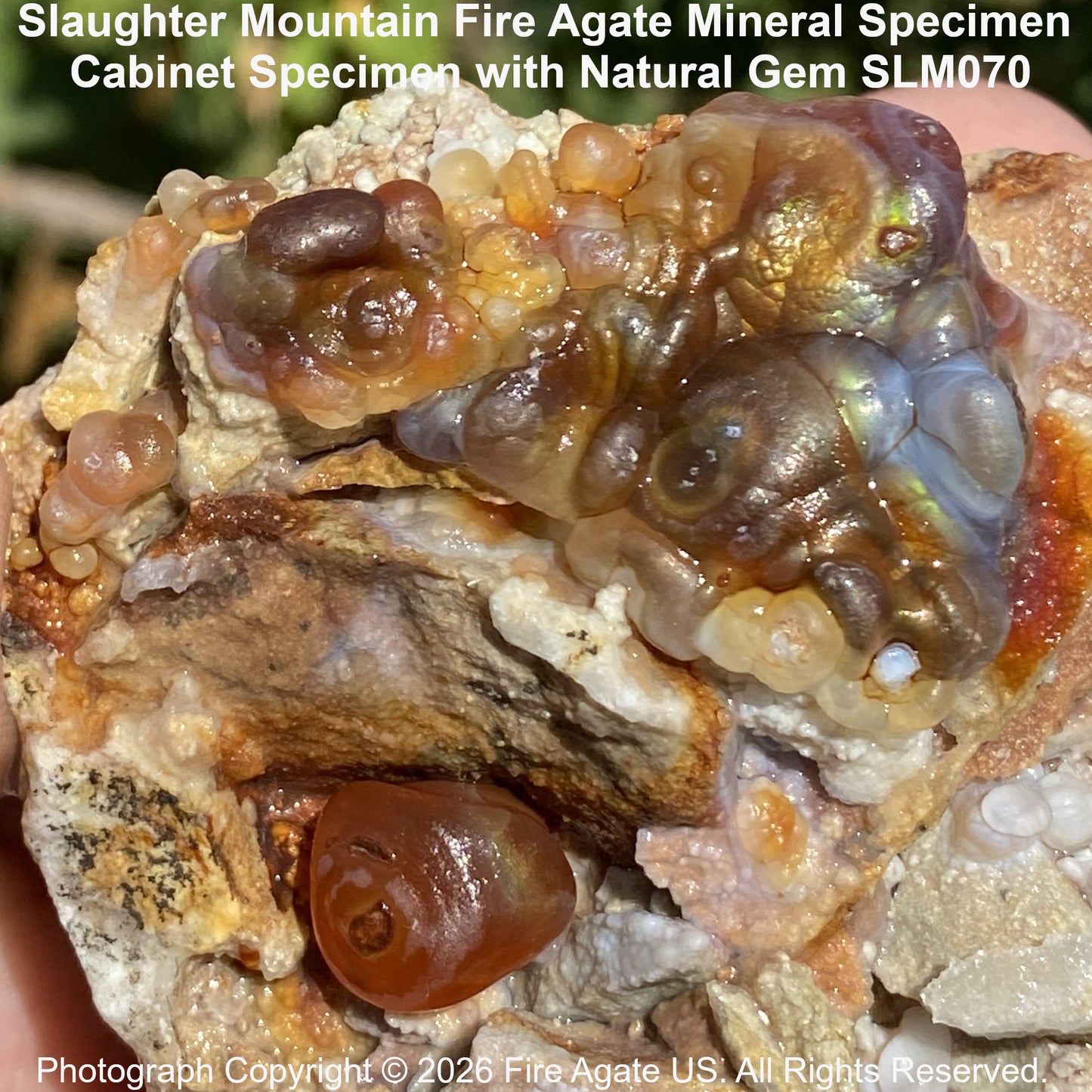 Iridescent chalcedony displaying a natural play of color caused by alternating layers of silica and iron oxides