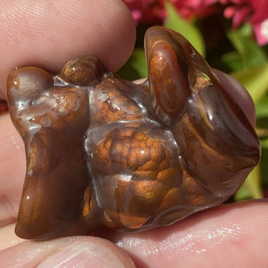 Slaughter Mountain preform fire agate gemstone with a unique texture held between fingers against a blurred natural background