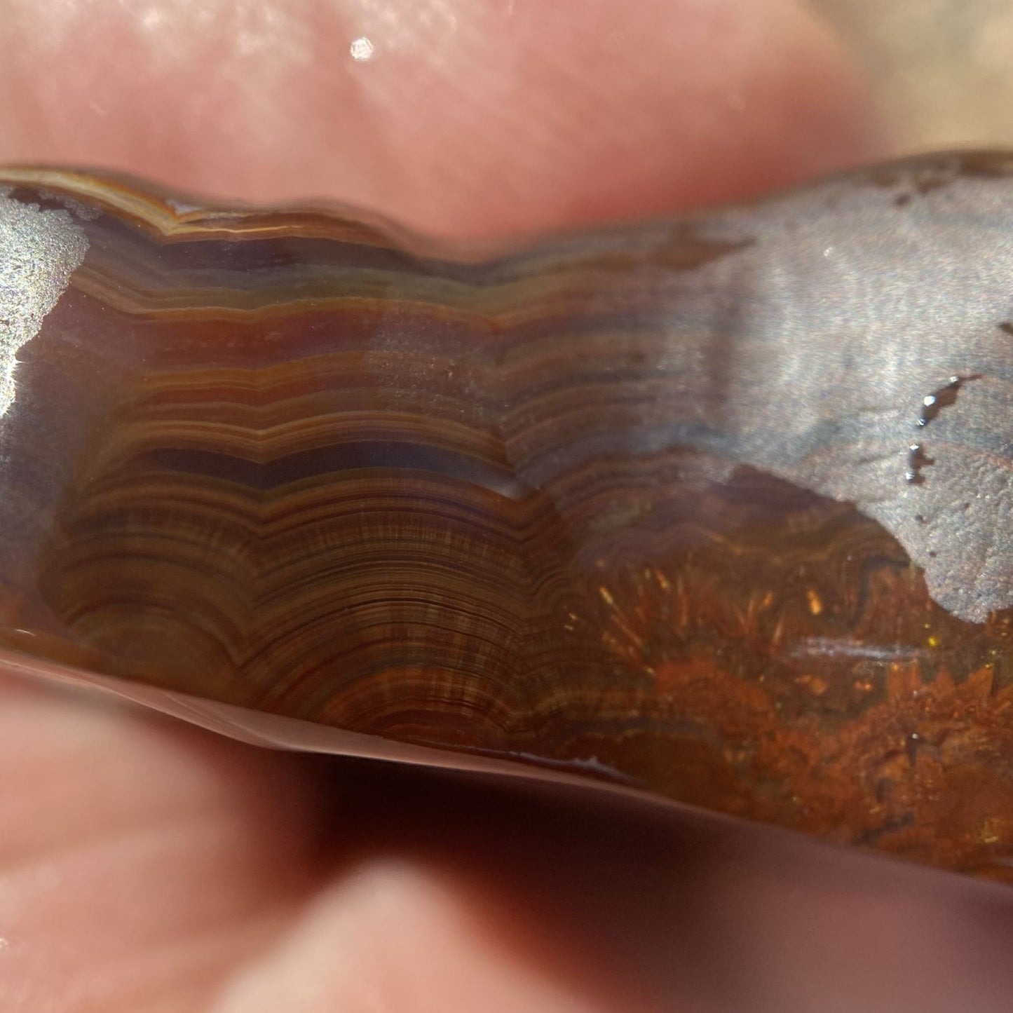 Close-up of a patterned stone held between fingers