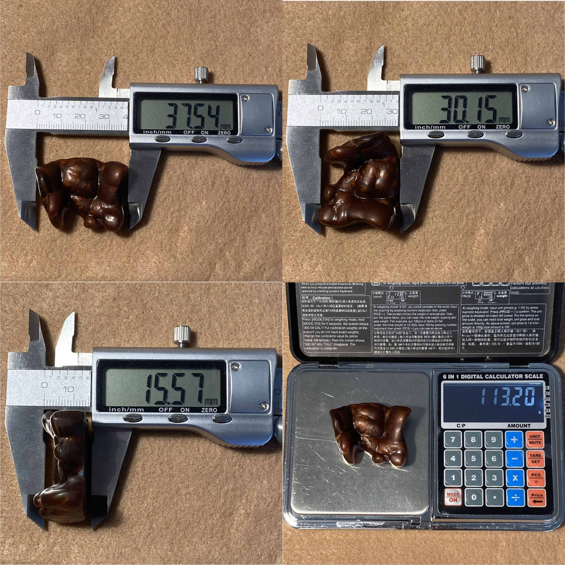 Digital caliper measurements of a Slaughter Mountain preform fire agate gemstone on a brown background