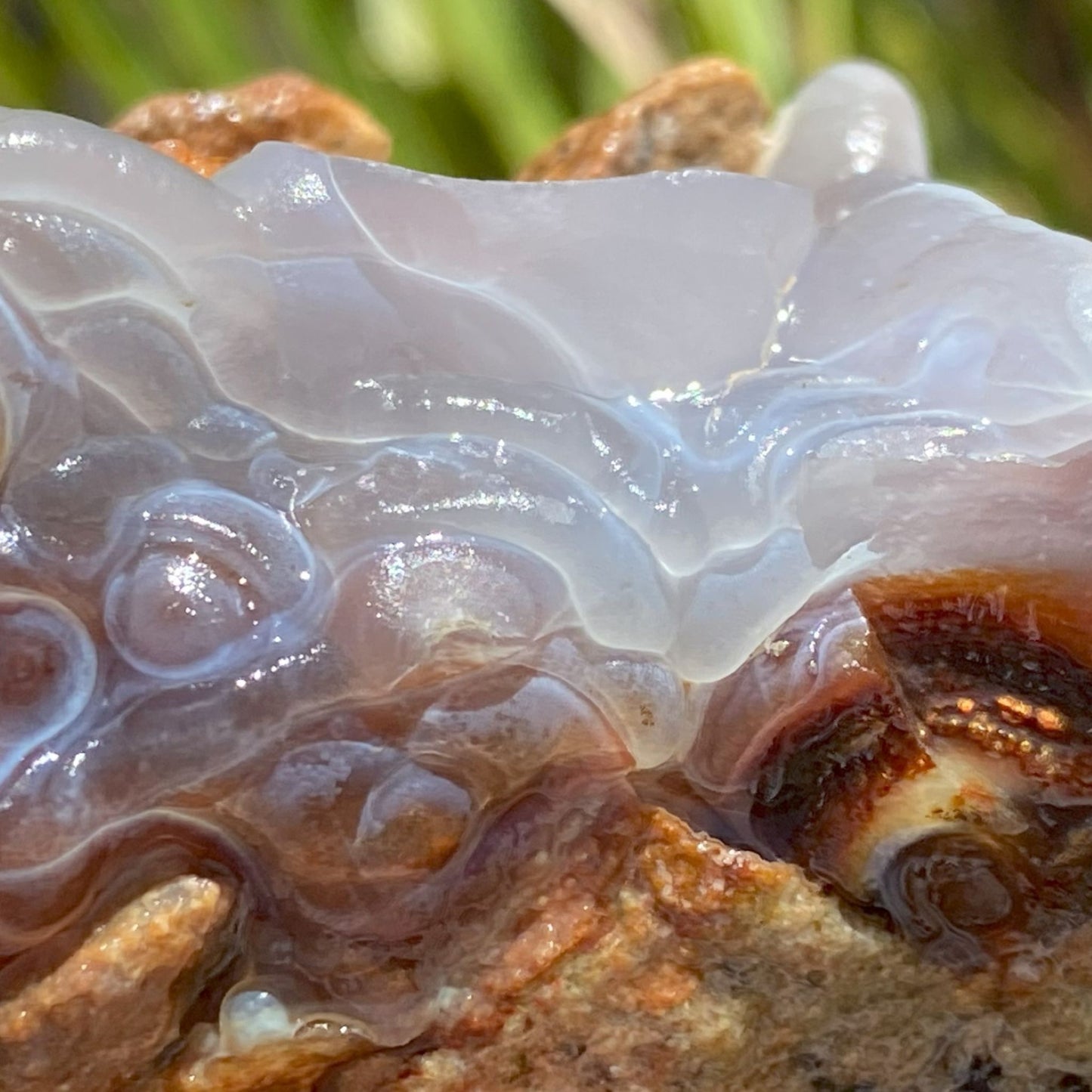 Close-up of a piece of Slaughter Mountain fire agate rough with natural background
