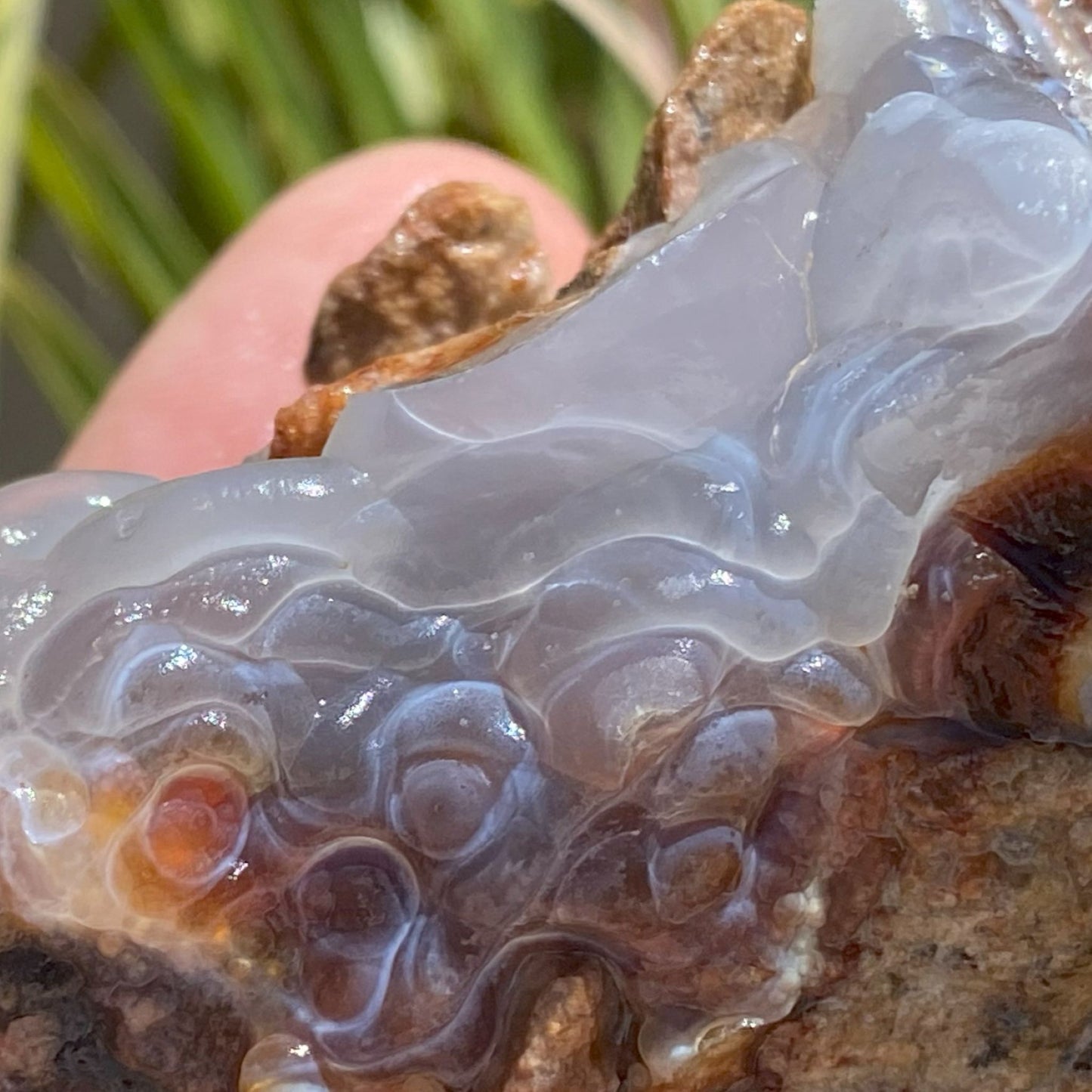 Close-up of a translucent Slaughter Mountain fire agate roug with attached matrix