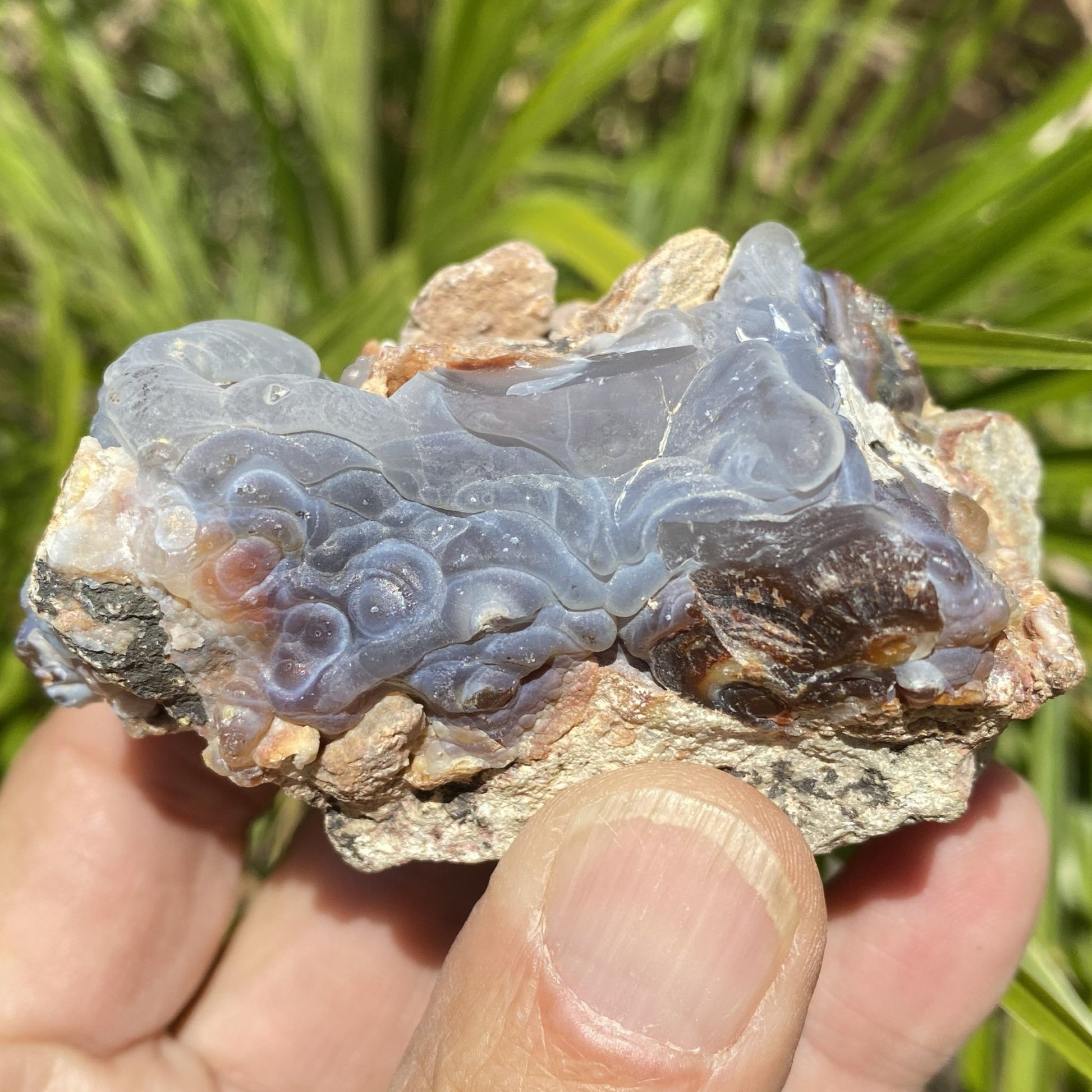 Hand holding a translucent crystal rock with a natural background