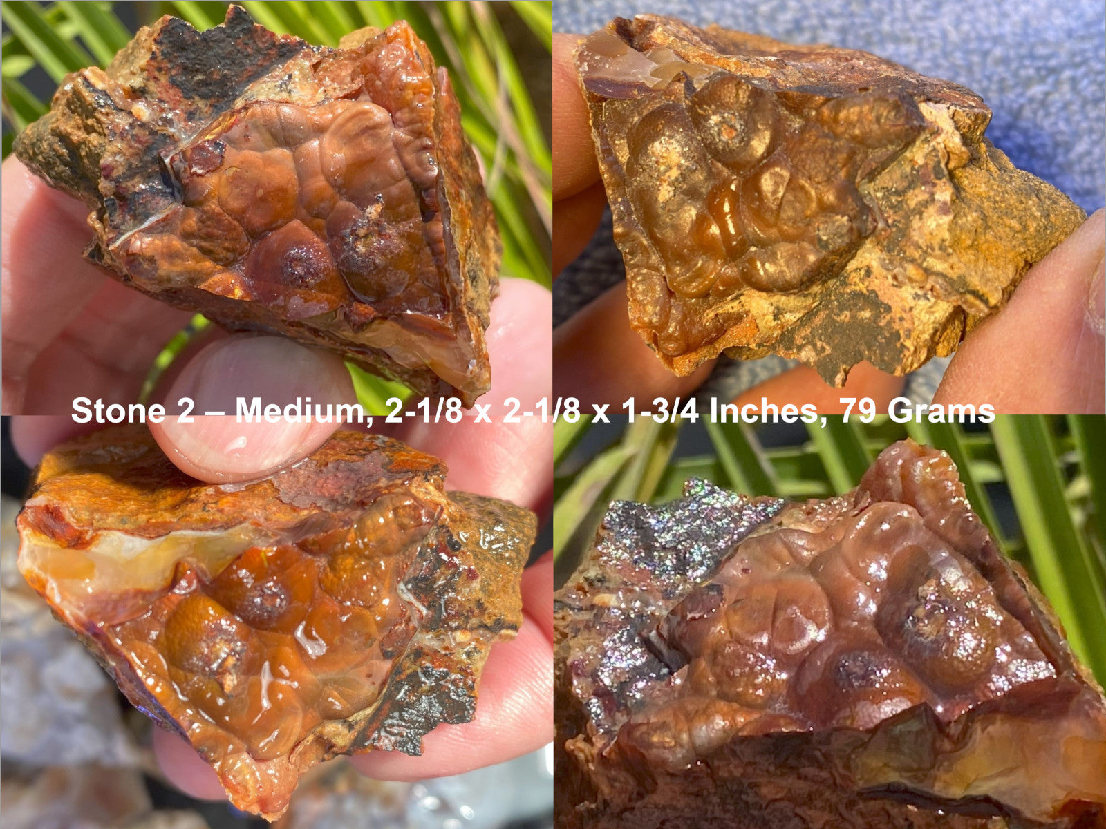 Collage of a rough fire agate stone held in hands with measurements and weight displayed.