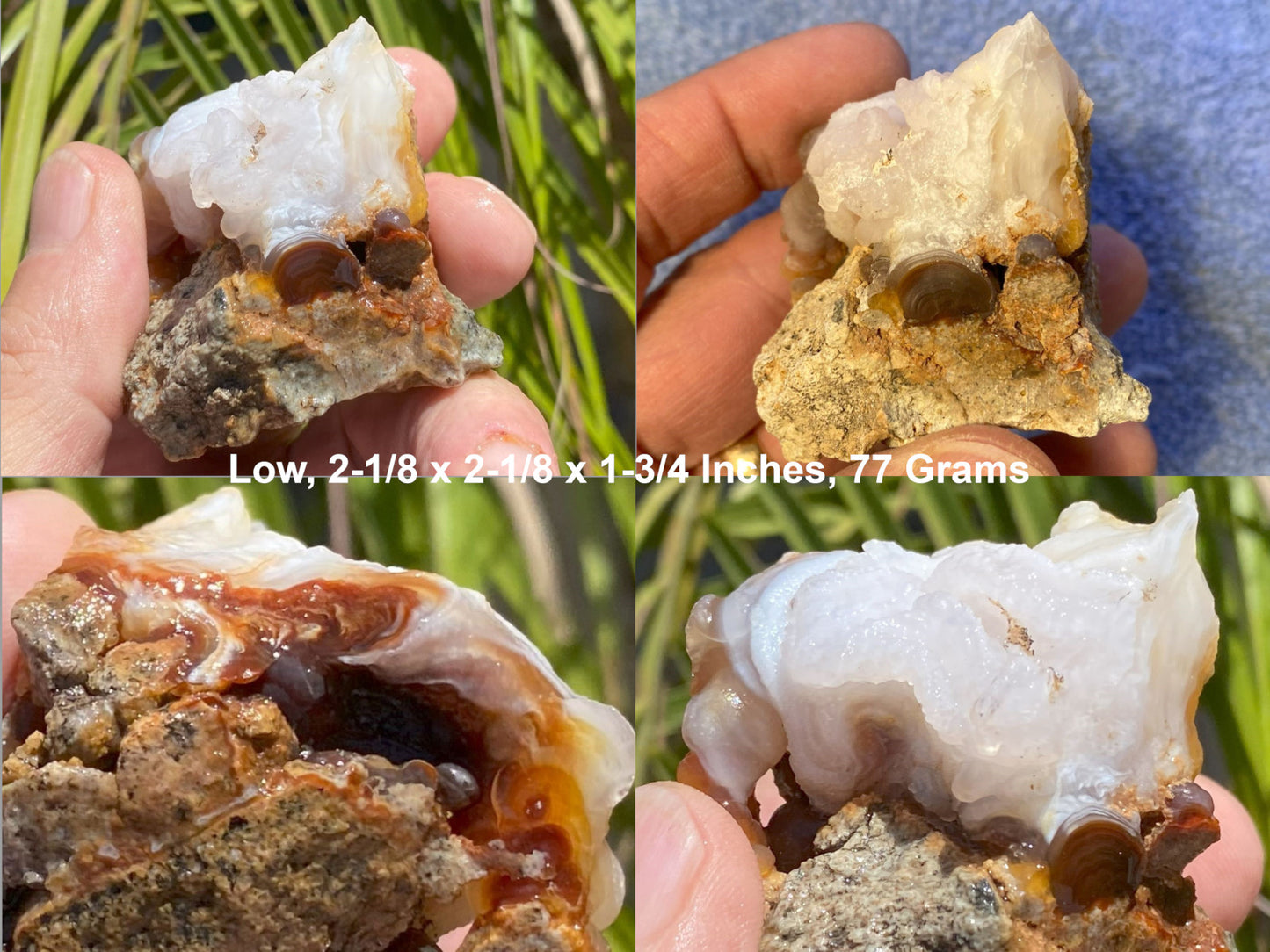 Collage of a rock held in hand with measurements and weight displayed.