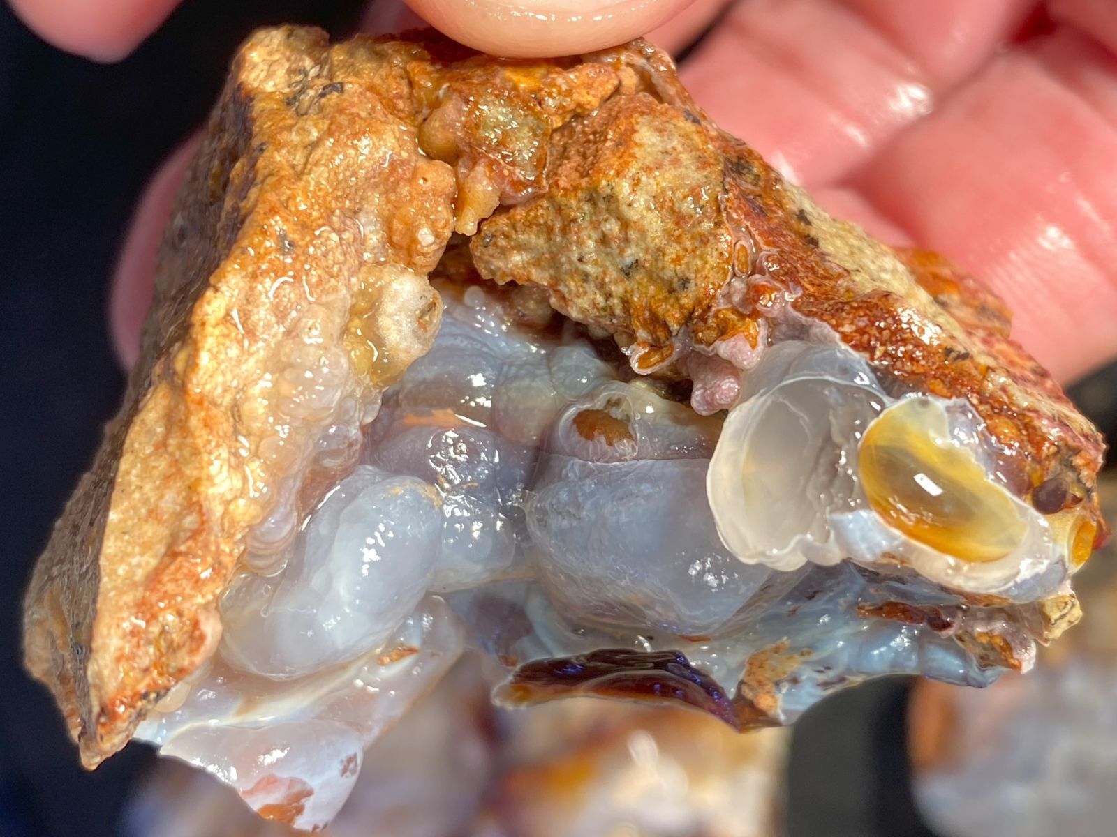 Close-up of a piece of High Grade Slaughter Mountain Fire Agate Rough, held by a hand against a dark background.