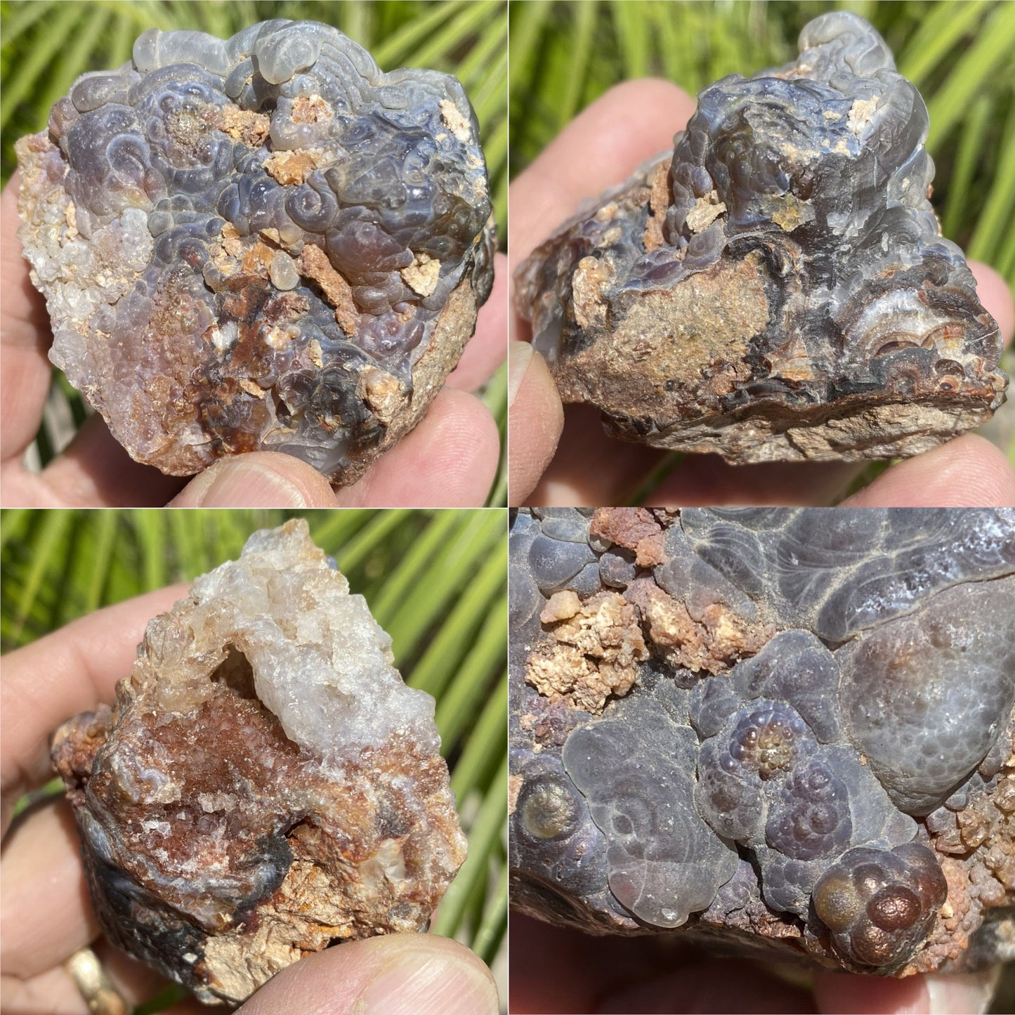Collage of four images showing different angles of a textured rock held in hands with a natural background.