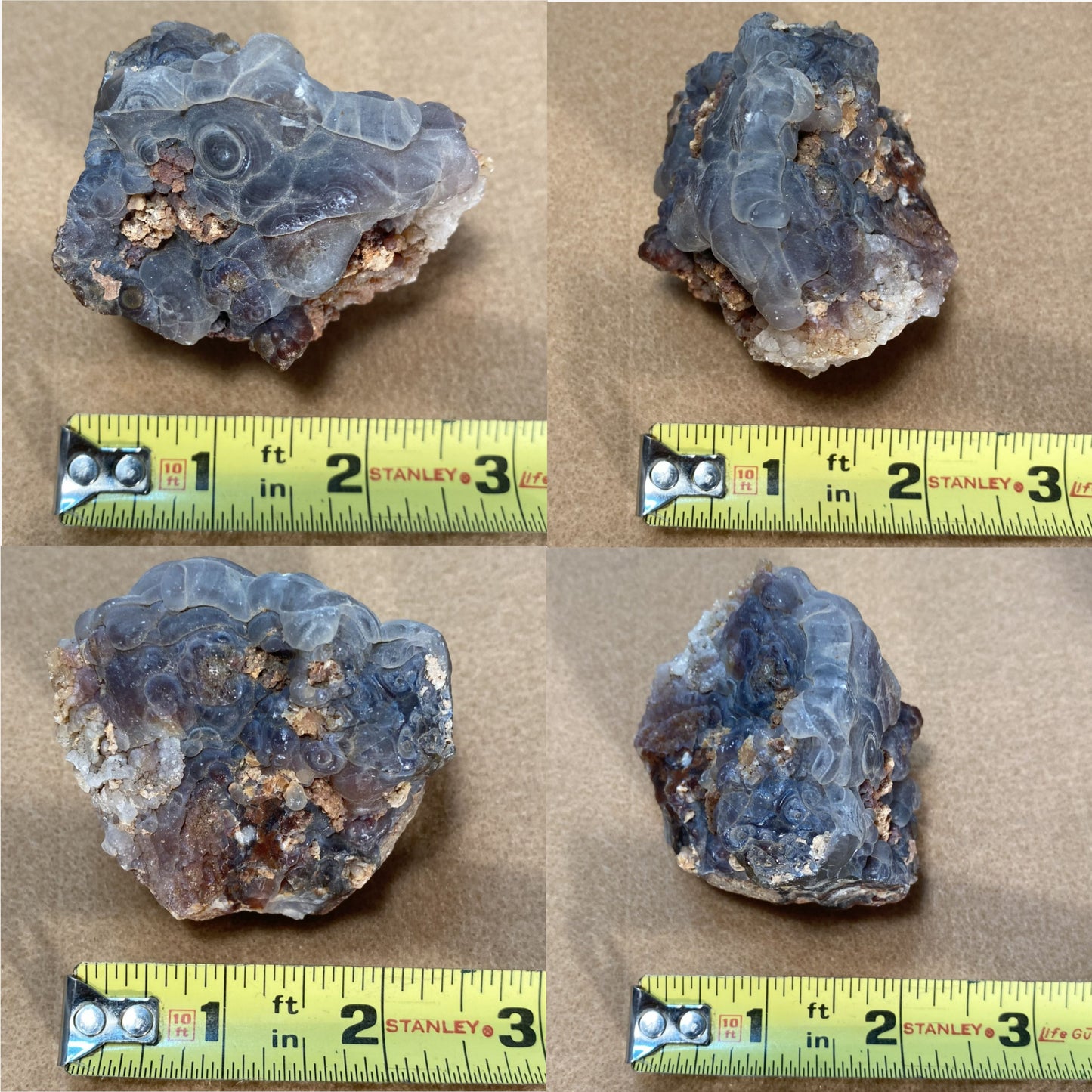 Four views of a piece of Slaughter Mountain Fire Agate Rough with a measuring tape for scale on a brown background