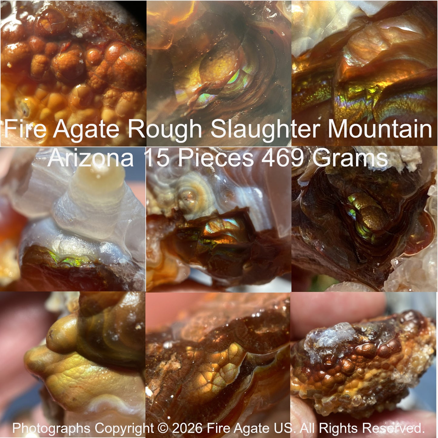 Collage of Fire Agate Rough Slaughter Mountain Arizona with text detailing quantity and weight.
