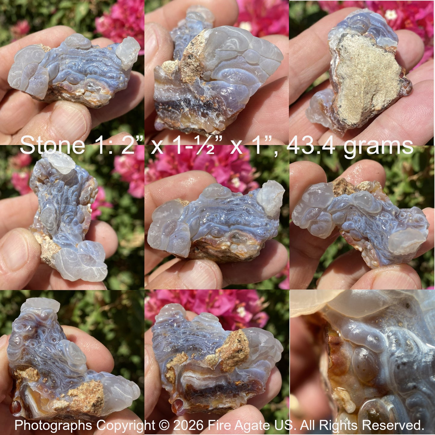 Collage of a fire agate stone held in hands with text indicating size and weight.