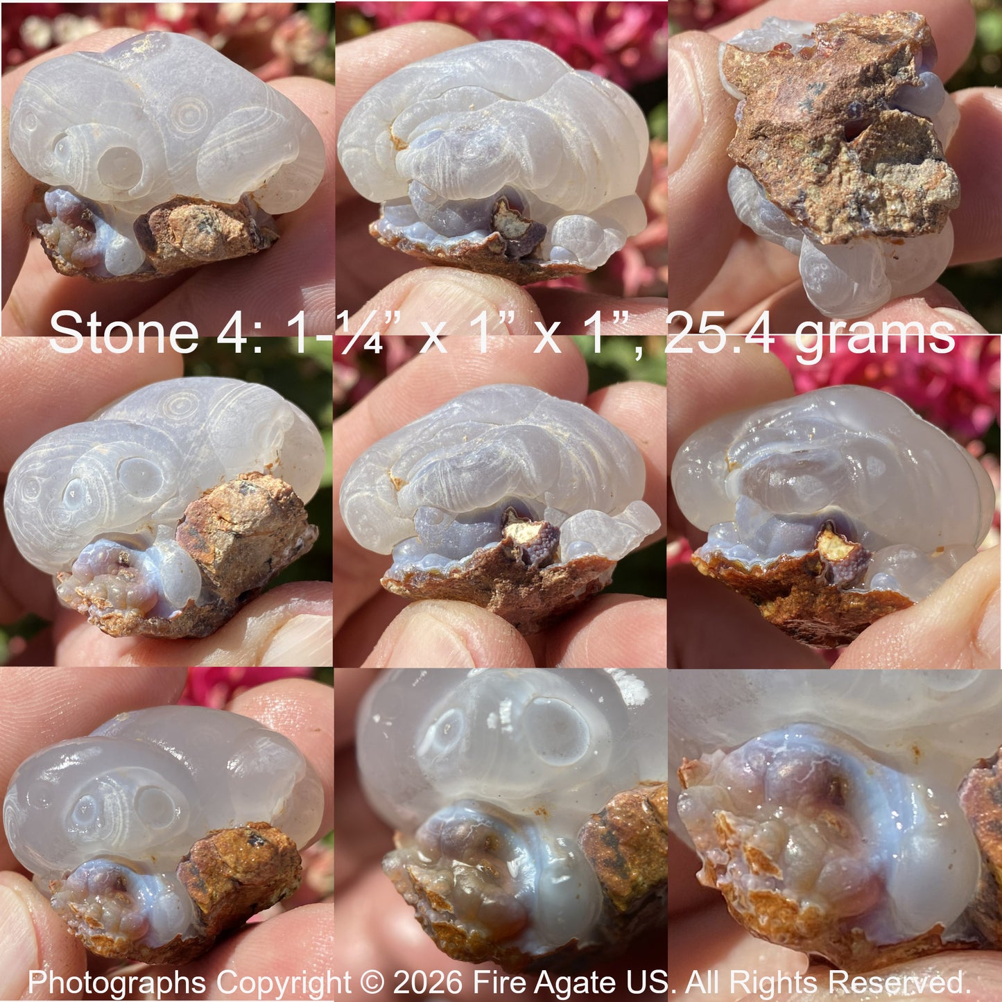 Collage of a fire agate stone with chalcedony held in hands with measurements and weight details.