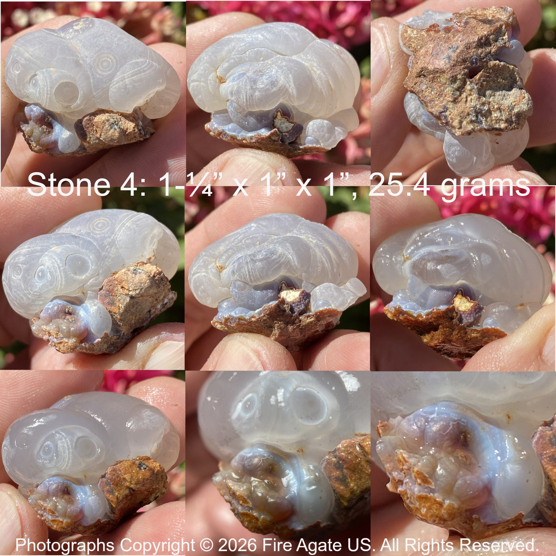 Collage of a fire agate stone with chalcedony held in hands with measurements and weight details.