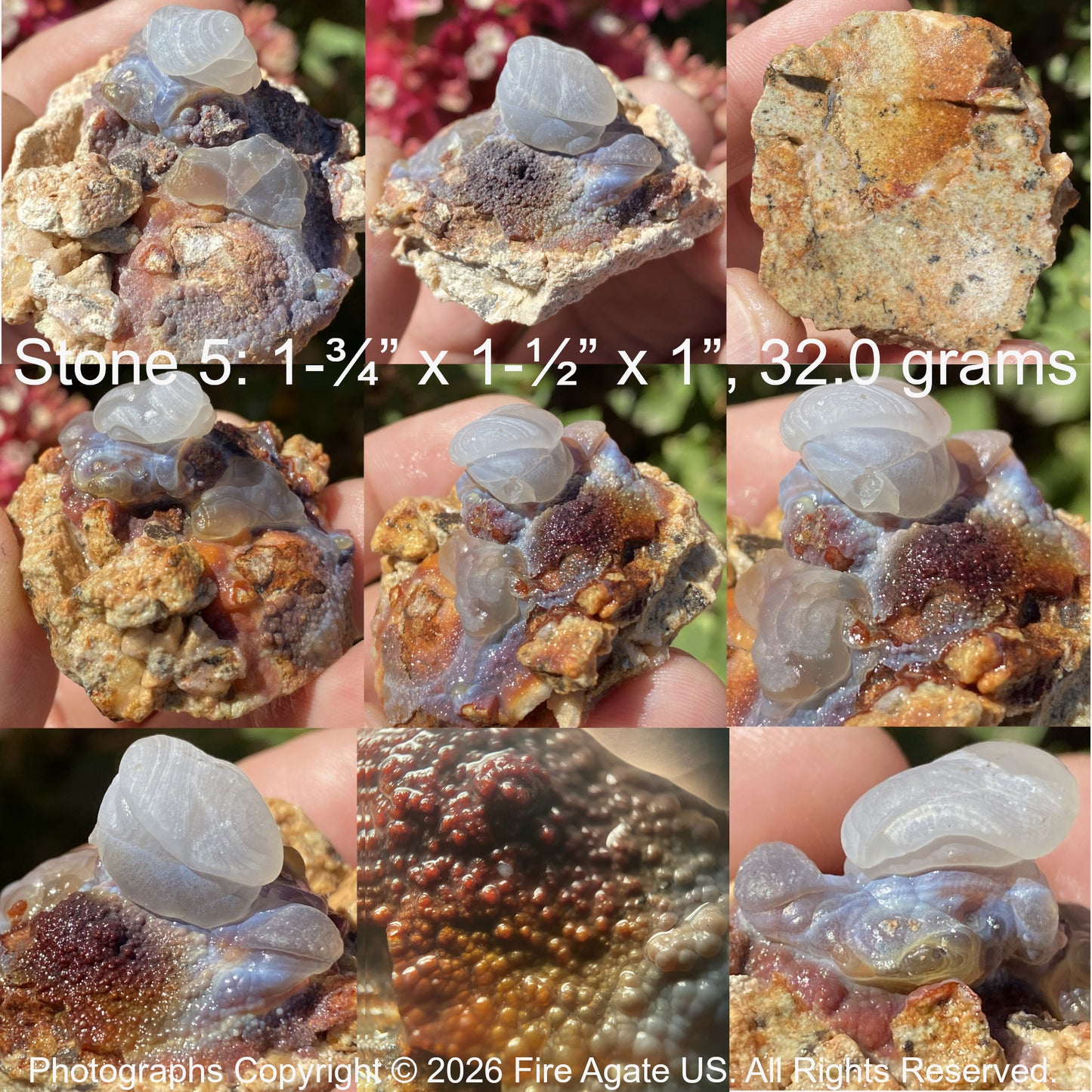 Collage of fire agate stone with bubble formation with size and weight information.