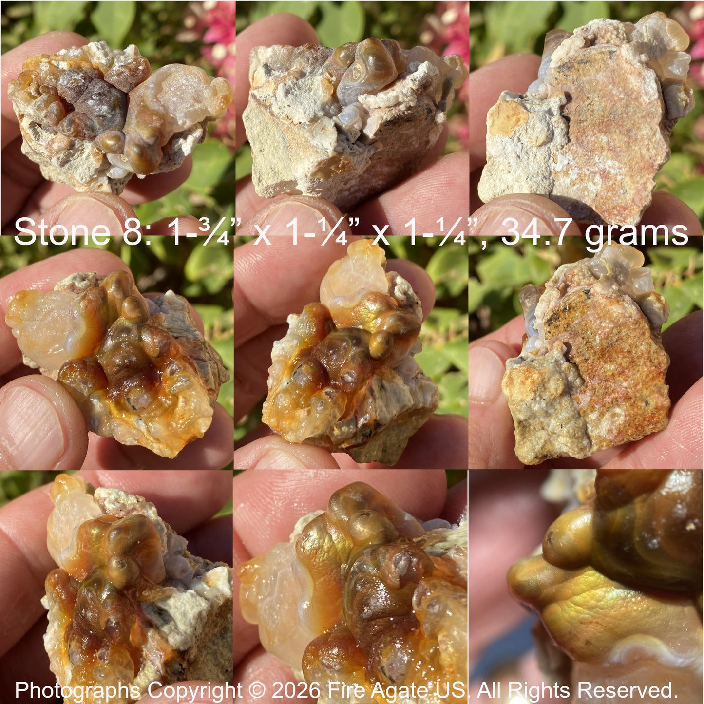 Collage of fire agate gemstone rough with visible surface fire held in hands with measurements and weight details.