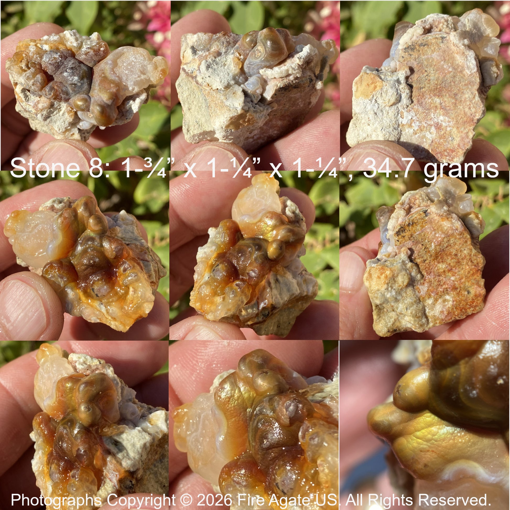 Collage of fire agate gemstone rough with visible surface fire held in hands with measurements and weight details.