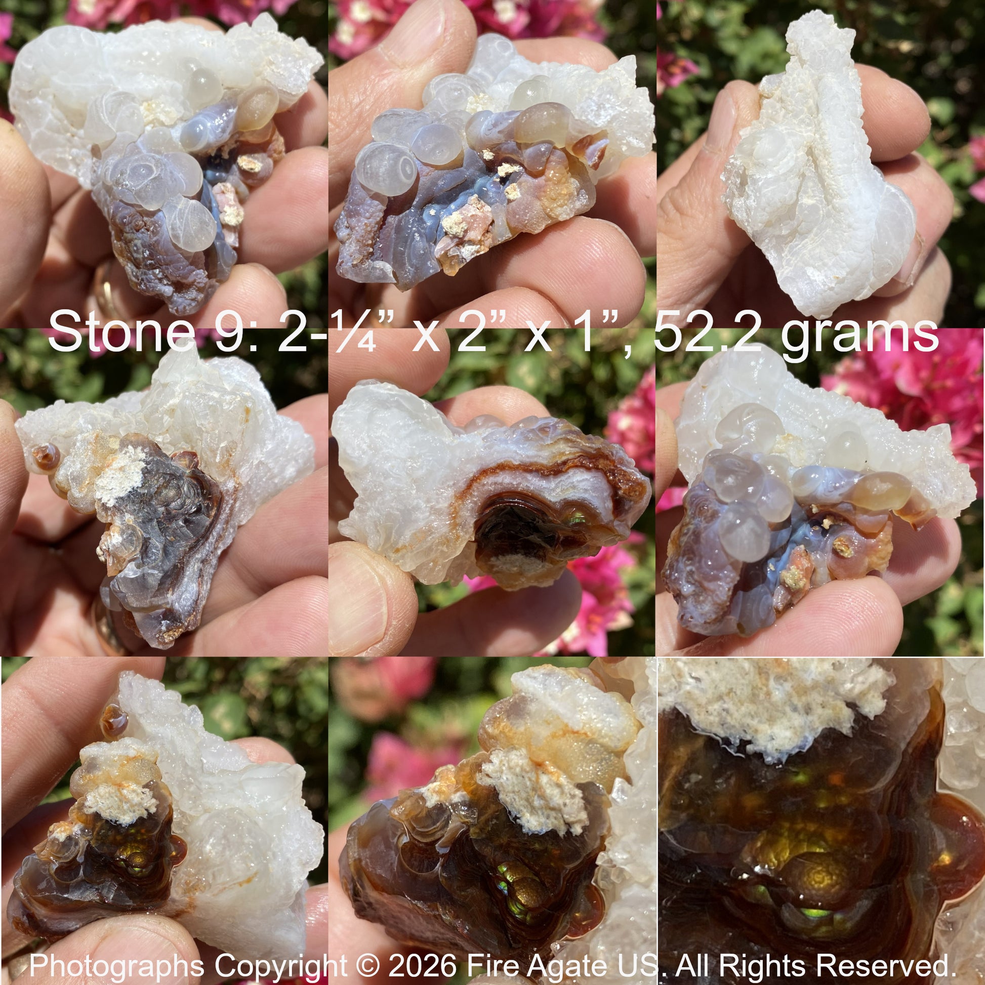 Collage of a fire agate stone with chalcedony flower top held in hands with measurements and copyright information.