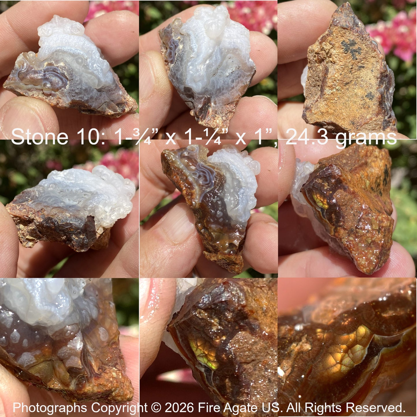 Collage of fire agate from Slaughter Mountain Arizona held in a hand with measurements and copyright information.