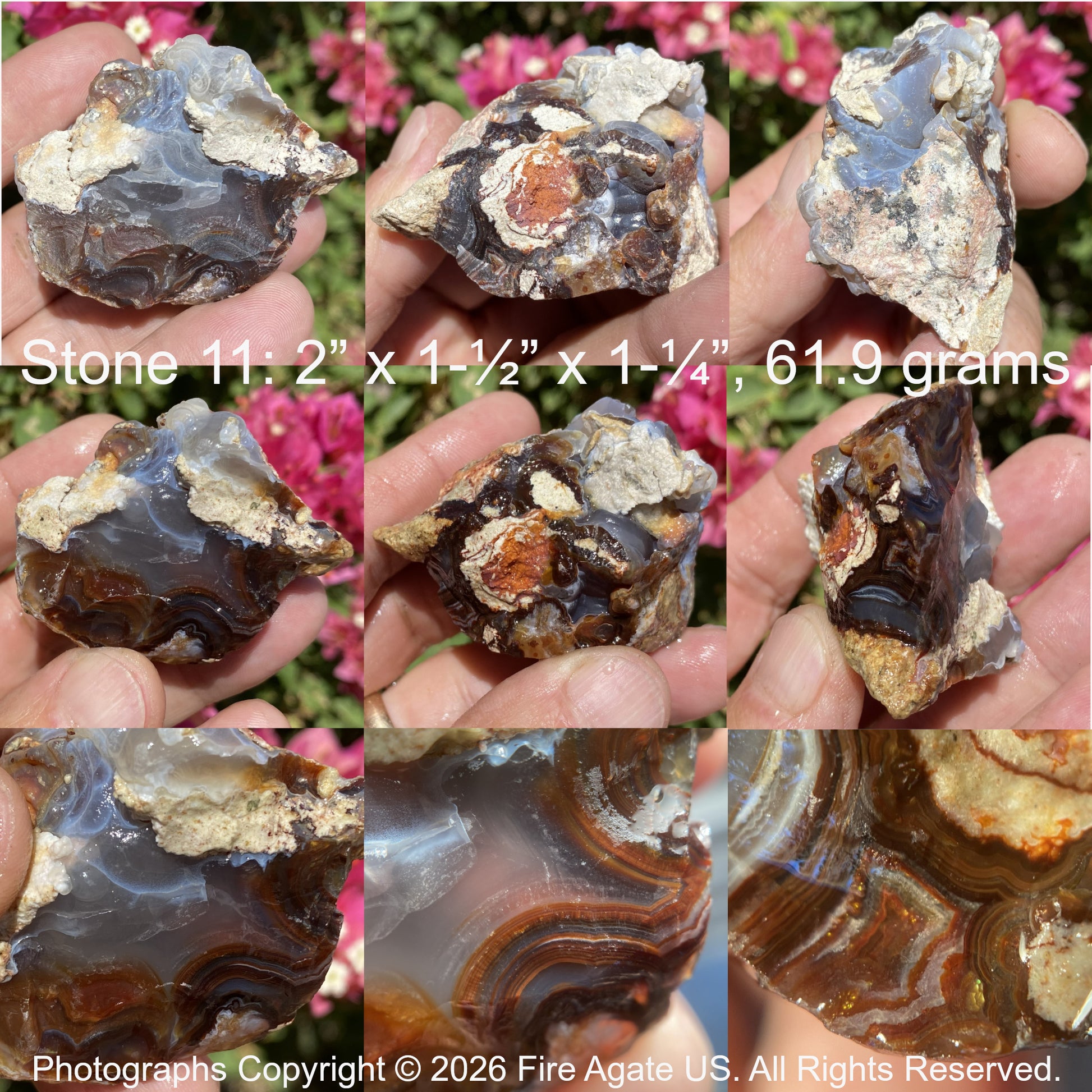 Collage of a fire agate stone with limonite banding held in hands with text providing dimensions and weight.