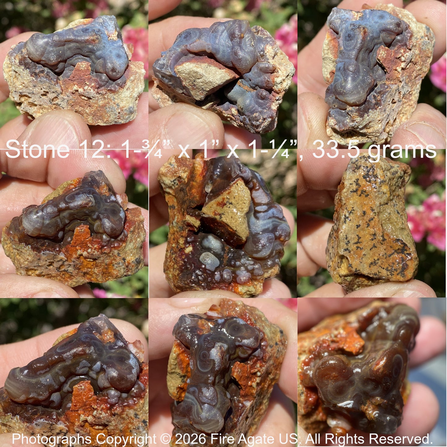 Collage of a fire agate stone with matric held in hands with measurements and weight displayed.