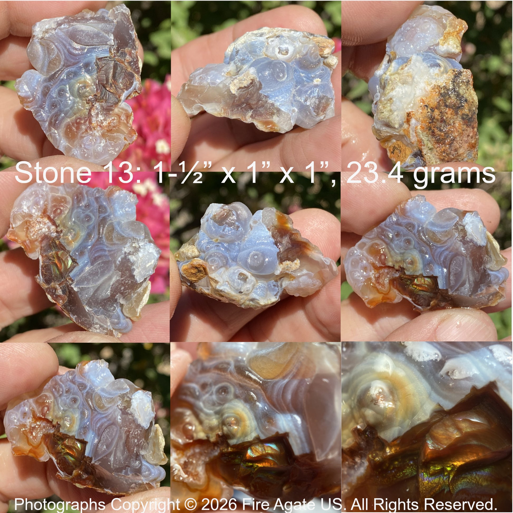 Collage of a piece of high grade fire agate gemstone rough held in hands with measurements and weight displayed.