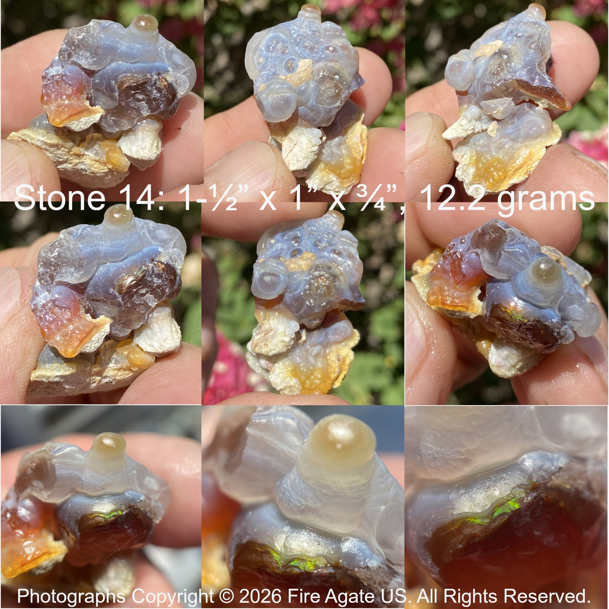 Collage of a Slaughter Mountain fire agate held in a hand with measurements and copyright information.