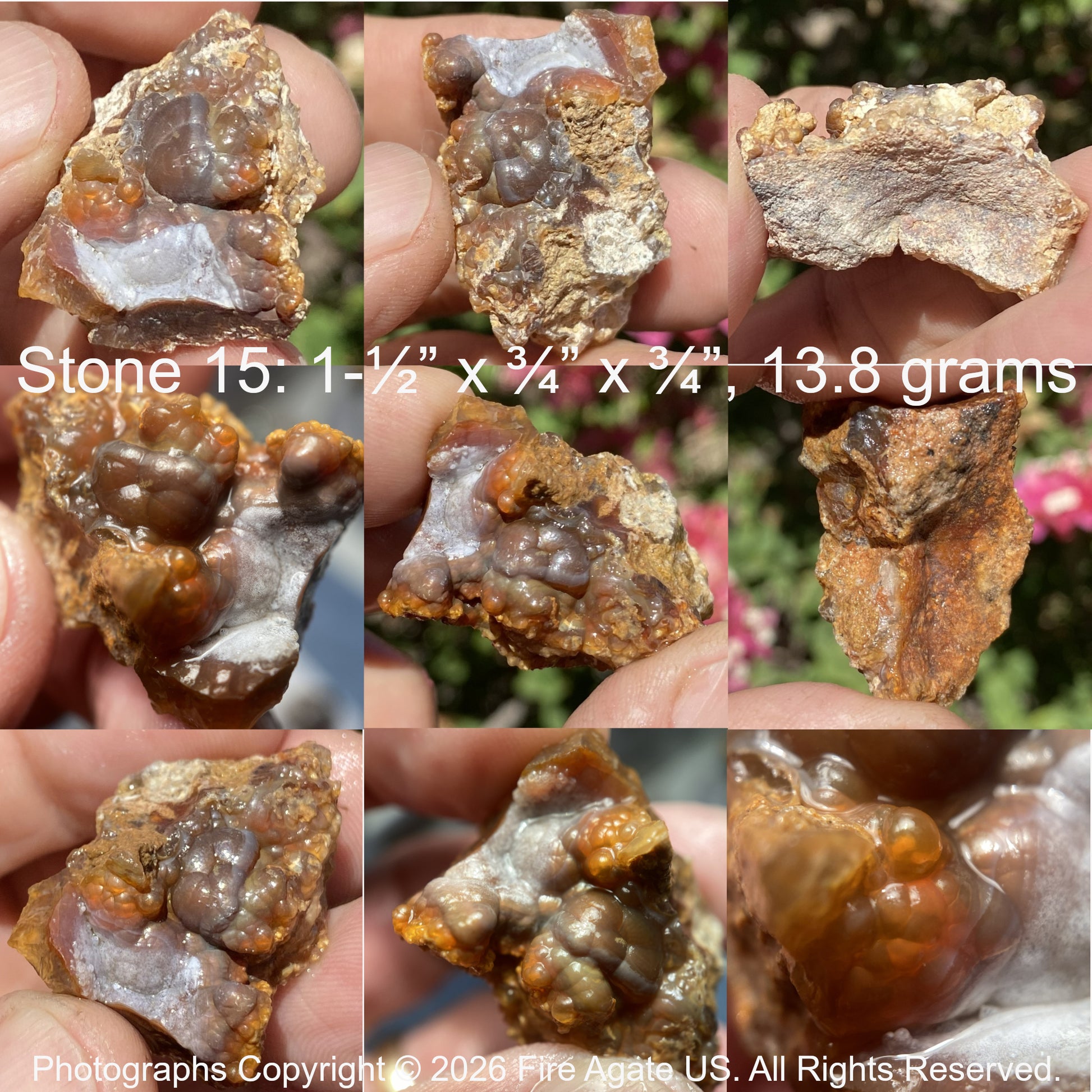 Collage of a Arizona fire agate held in a hand with measurements and copyright information.