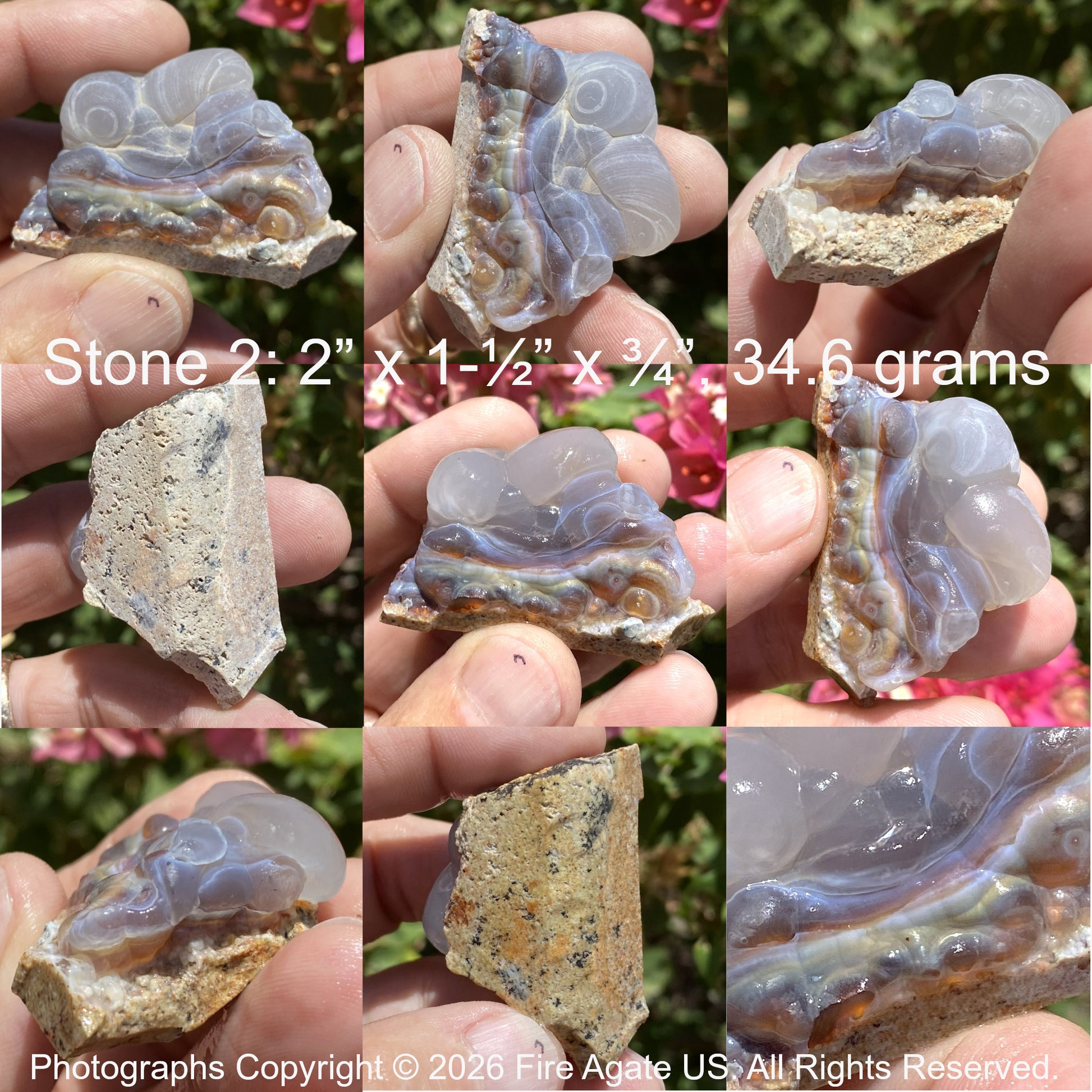 Collage of fire agate stones held in hands with measurements and weight details.