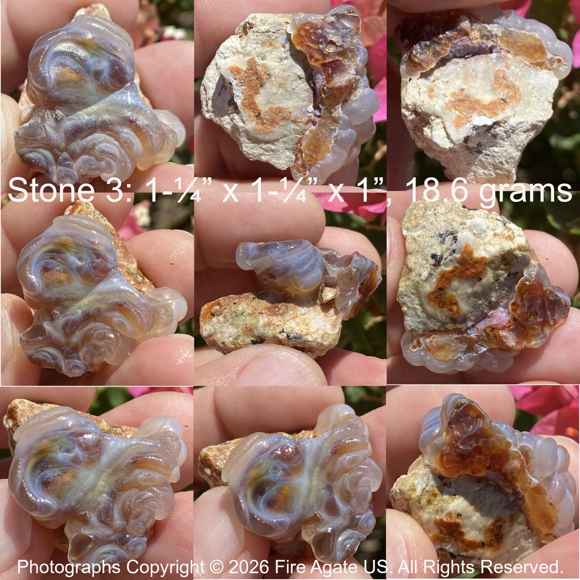 Collage of an uncut fire agate gemstone held in hands with measurements and weight displayed.