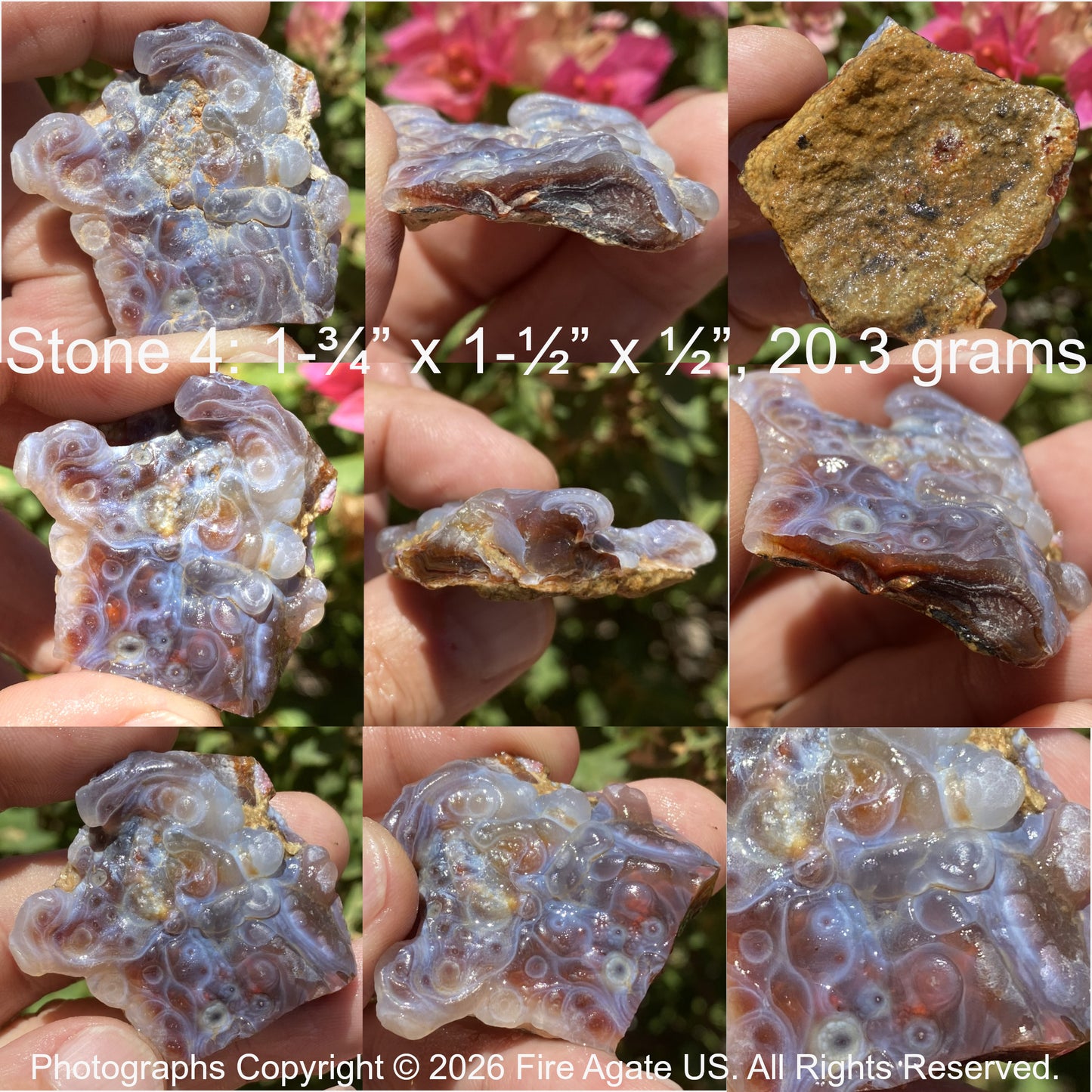 Collage of an Arizona fire agate stone held in hands with measurements and weight details.