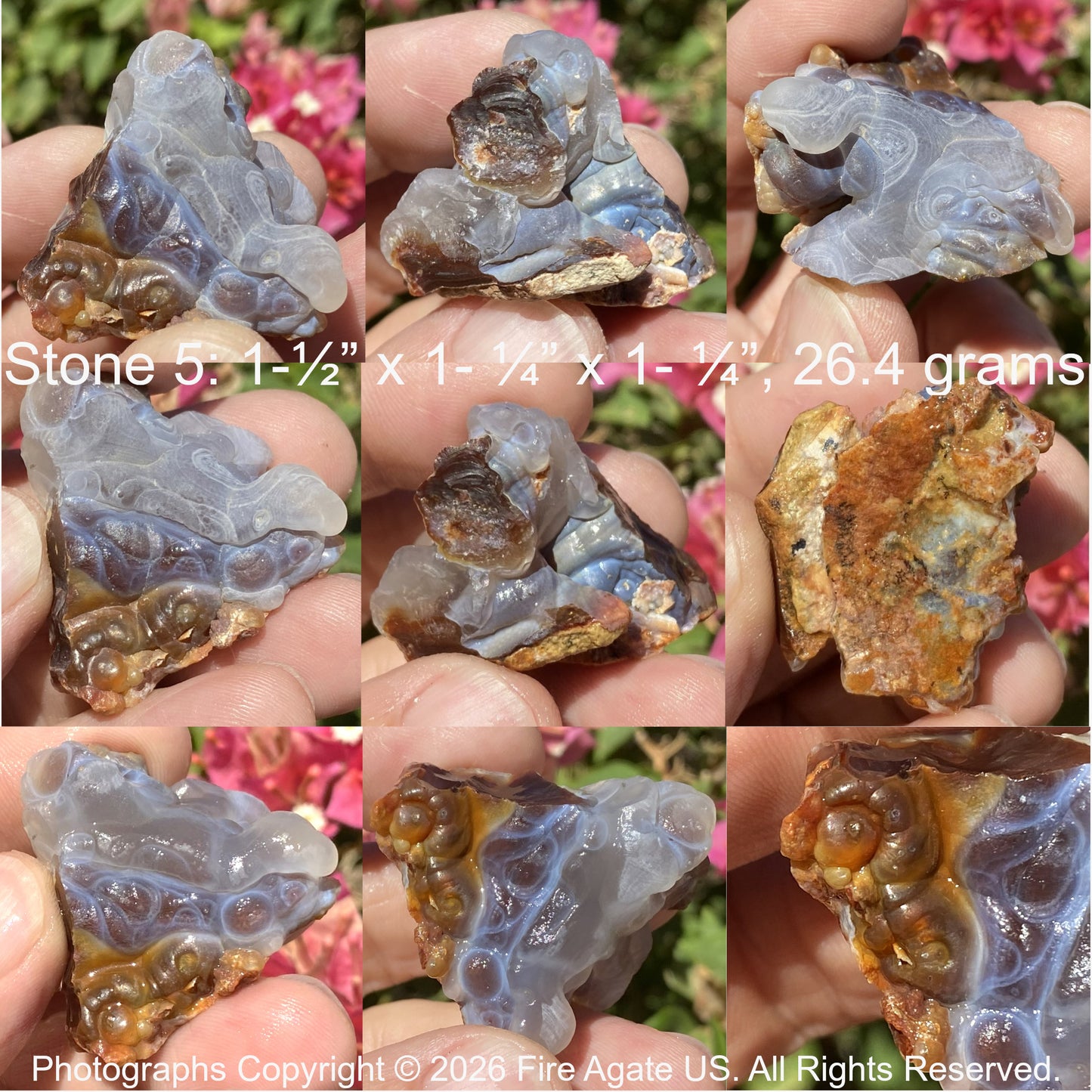 Collage of fire agate stones held in hands with measurements and weight details.