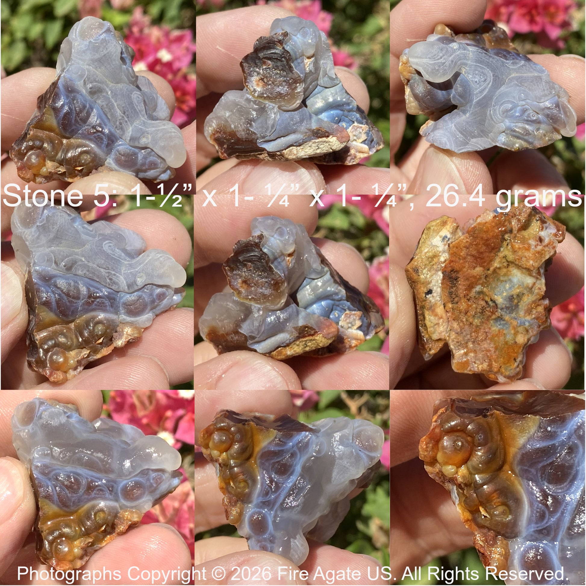Collage of fire agate stones held in hands with measurements and weight details.