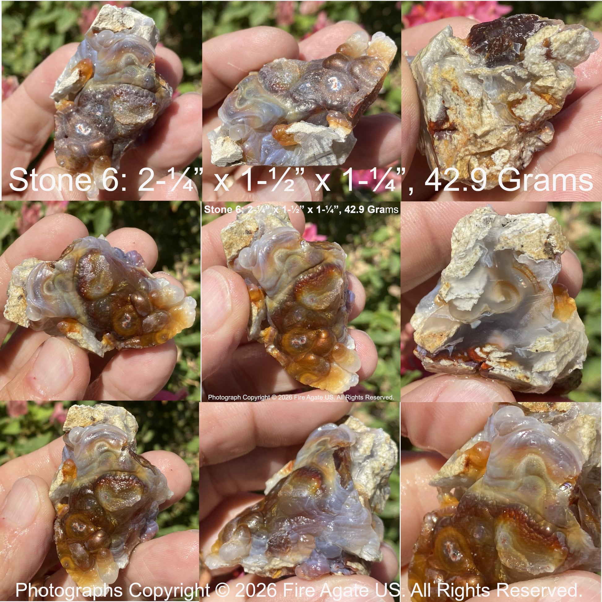 Collage of a fire agate held in hands with measurements and weight details.
