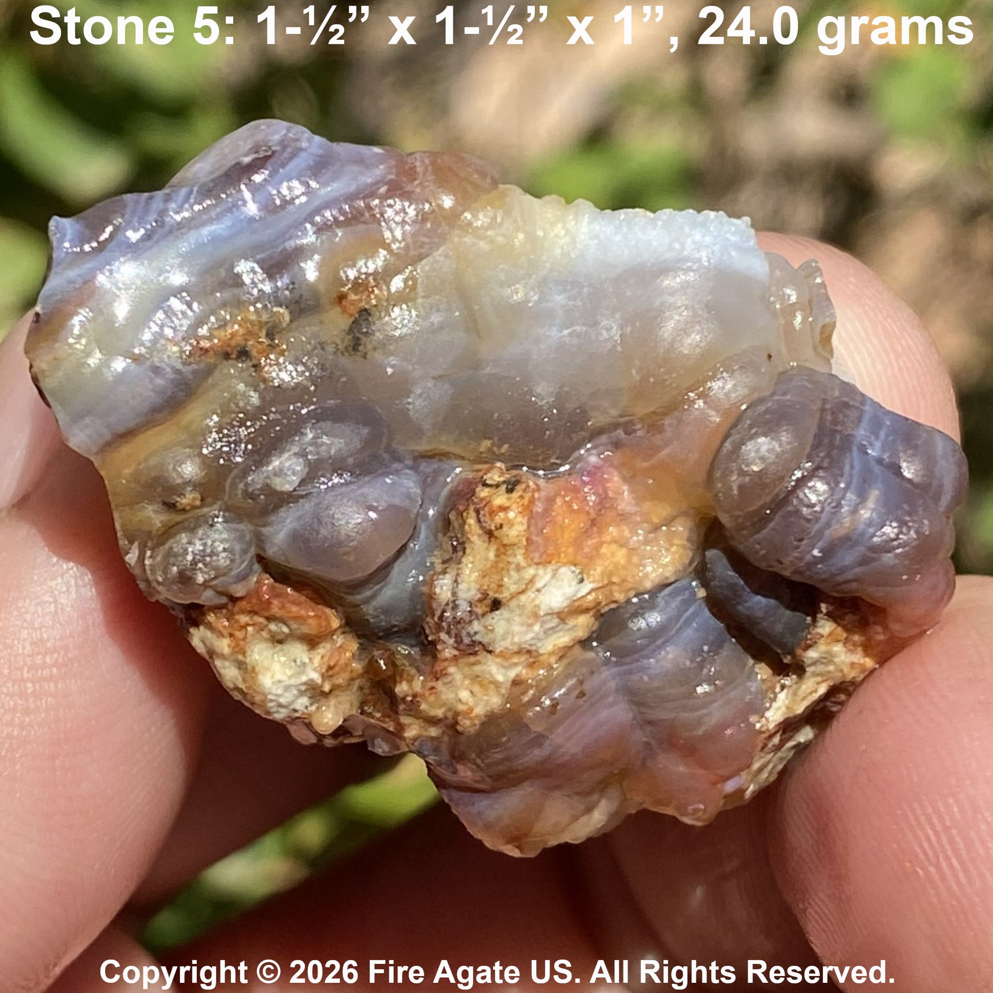 A hand holding a rough fire agate stone specimen labeled 'Stone 5: 1-1/2" x 1-1/2" x 1", 24.0 grams' with copyright text 'Copyright © 2026 Fire Agate US.